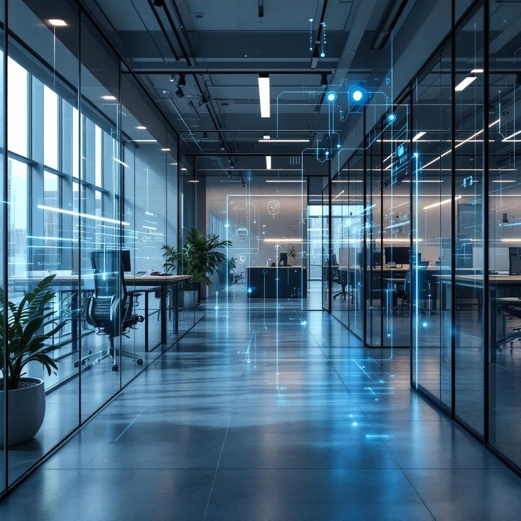 Forestil dig et kontrastfyldt og dokumentaristisk billede taget i en moderne, funktionel rekrutteringskontor eller et digitalt miljø, der intuitivt symboliserer AI-teknologiens indvirkning på offentlig administration. I centrum står en stiliseret, abstrakt maskinområde, hvor flere lag af digital aktivitet overlapper hinanden – visualiseret gennem lagdelte, geometriske former og kreative datagrafikker, der flyder som strømme eller pulserende linjer gennem billedet. Disse datastrømme kan være illustreret med bløde lysende linjer, der krydser og binder komponenterne sammen, hvilket symboliserer automatisering og datasikkerhed, uden at det direkte viser mennesker. Dybt i billedet, i den bagvedliggende del, kan man opleve en subtil, realisme-agtig reference til navnene Nielsen og Jensen, repræsenteret ved simple, stilrene illustrerede medarbejderfigurer, der interagerer med digitale skærme – dog uden at fokusere på mennesker eller direkte interaktion. I stedet er fokus på det komplekse informationsflow, hvor vægg