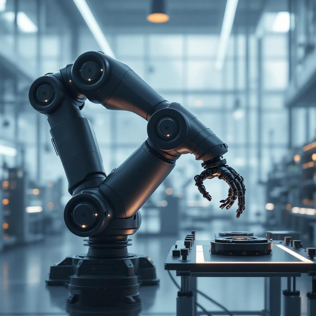 Et kraftfuldt, dokumentaristisk billede, der visuelt repræsenterer den regionale og globale indflydelse af AI-innovation, kan forestilles som en nærstudie af en laboratorie- eller produktionsfacilitet, hvor avanceret teknologi er i fokus. Her ses et roligt, men dramatisk miljø: en stor, ultramodern robotarm, næsten organisk i sin form, er sat op mod en neutral, industriel baggrund med forskningsudstyr og dataanalyser på baggrundsskærme. Det elegante, matte sort-hvide design kombineres med subtilt oplyste LED-linjer, der symboliserer den digitale strøm af data og kontrol, der flyder gennem systemet. Billedet er uden mennesker, men med refleksioner i glas- og metalsurfacen, der antyder den menneskelige indsats og planlægning bag innovationen, hvilket understreger den realistiske, dokumentaristiske tilgang uden at være cliché. Det abstrakte, simbolskabende fokus på en høj teknologi integreret i en ny dagligdag, illustrerer den komplekse forbindelse mellem fysisk AI og dets anvendelse i samfundet — en slags