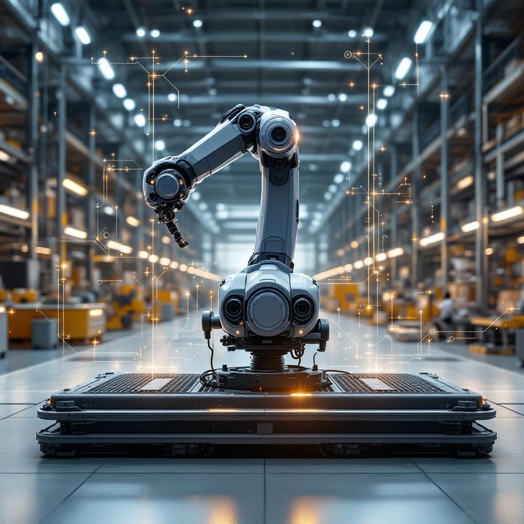 Forestil dig et realistisk og dokumentaristisk fotografi, der viser en moderne, industriel produktionshal, hvor avanceret AI-teknologi er integreret i fysisk form. Midt i billedet står en avanceret robotarm, med klare, skiftende LED-lysstriber, der symboliserer strømmen af data og intelligens, og den er placeret på en robuste platform, omgivet af sensorer og små robotkøretøjer. Over alt er der subtile visualiseringer af netværk og datastrømme i form af usynlige, flydende linjer, der binder systemerne sammen – den abstrakte teknologi bliver til en levende organisme, der arbejder uden menneskelig tilstedeværelse. Billedet viser et miljø præget af ro, præcision og kompleksitet, hvor selv de mest ambitiøse AI-initiativers fysiske tilstedeværelse er omgivet af en atmosfære af maksimal kontrol og sofistikeret styring, hvilket understreger den strategiske betydning af fysisk AI i forsvars- og kritisk infrastruktur.