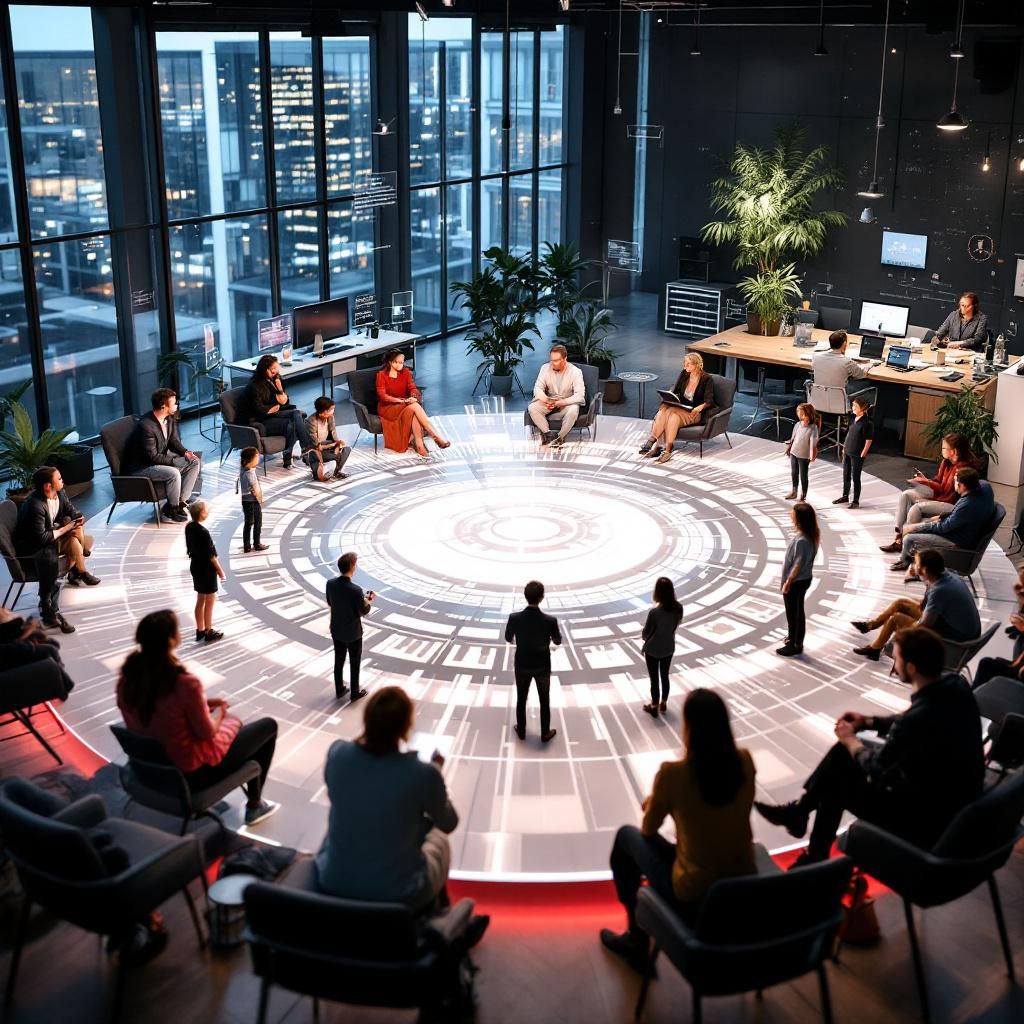 Det mest fængende og spændende billede, der repræsenterer emnet i første tredjedel af artiklen om OpenAIs gruppechats i ChatGPT, kunne være en realistisk, dokumentaristisk scène af en moderne kontorbygning, hvor et åbent, varieret samarbejdsmiljø er taget i brug. Forestil dig et foto taget udendørs, med en stor, transparent skærm eller digital tavle, der viser interaktive grupper af figurer (udført som abstrakte silhuetter eller stiliserede personer), alle omkring en central, avanceret AI-interfacesymbol, fx en digital boble eller datalinje, der symboliserer samtale og samarbejde. Billedet visualiserer en aktivitet, hvor flere personer bidrager til en fælles AI-drevet opgave, uden at vise personlige ansigter, for at understrege det digitale og kollektive aspekt, med en central fokus på den konceptuelle forbindelsesline eller AI-visualisering, som binder de forskellige elementer sammen. Lys, farvestrøg og subtile refleksioner i glasset kan skabe en dynamisk og inspirerende stemning, der fremhæver innovation o