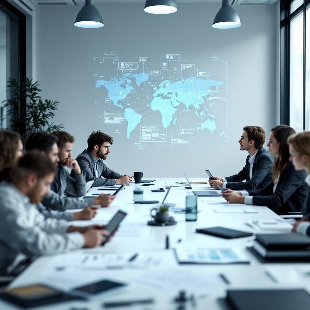 Forestil dig et nært, dokumentarisk foto taget i en moderne arbejdsdog og forskningsmiljø, hvor en gruppe af professionelle er samlet i en åben, minimalistisk mødehal, der tydeligt symboliserer samarbejde og innovation. Kameraet er monteret i en lav vinkel for at fange den organiserede chaos af data, papirer og digitale skærme, der er spredt over et langt bord, hvor flere små enheder – tablets, smartphones og bærbare computere – er strategisk placeret. Midt i billedet er en stor, transparent skærm oplyst med simple, ikoniske visualiseringer af netværk, sammenhængende bobler og info-blokke, der symboliserer en gruppechat mellem teams, uden at nogen mennesker er i fokus. Billedets komposition understøttes af en naturlig, blid belysning, der skaber en følelse af ro og fokus, mens den subtile anvendelse af dybdeskarphed fremhæver netværkets abstrakte, men kraftfulde struktur. Lyset fra skærmen bør afspejle et blidt, blåligt skær, der skaber en teknologisk atmosfære, og det organiske miljø af planter og afdæmpede