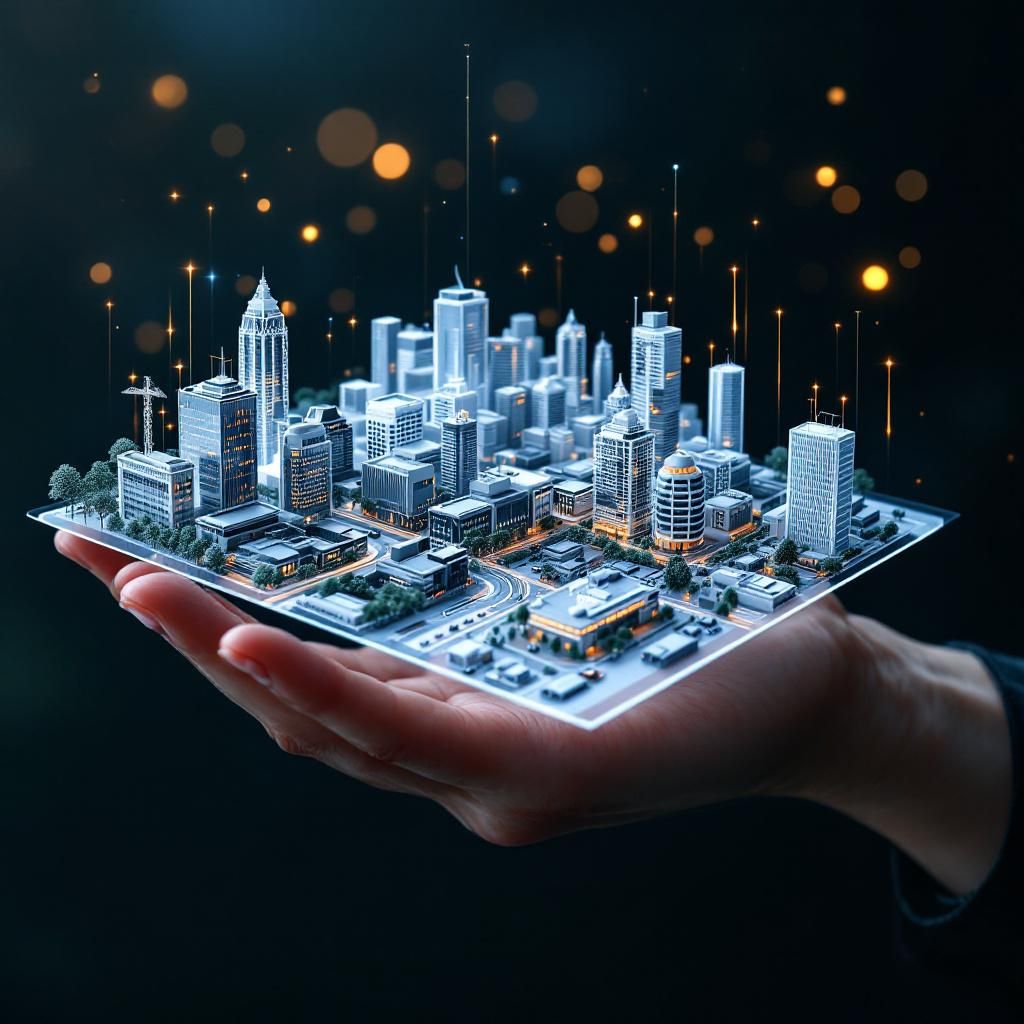 Forestil dig et realistisk nærbillede af en hånd, der holder en transparent, holografisk 3D-model af en by, der er tydeligt genereret af avanceret AI-teknologi. Modellen viser komplekse bygninger, veje og grønne områder, alt sammen med fine detaljer og realistiske teksturer, hvor man kan se små bevægelige elementer som røg, biler og fodgængere. I baggrunden er skyggefulde, afsindige lysstriber, der symboliserer dataflows, der strømmer gennem modellen, hvilket illustrerer den computermæssige kraft bag genereringen. Billedet er taget i en moderne, minimalistisk laboratoriemiljø med bløde, diffuse lys, der fremhæver hologrammet uden at overse de teknologiske detaljer omkring det. Dette visuelle værk fanger essensen af, hvordan AI’s evne til at skabe komplette 3D-miljøer i realtid påvirker både byplanlægning, uddannelse og industri, uden menneskers direkte tilstedeværelse, hvilket understreger teknologiens potentiale for at transformere den virkelige verden gennem præcis, realtidsalgoritmik og avanceret visuali