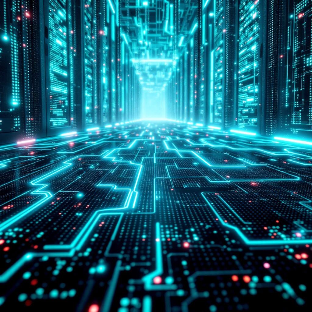Forestil dig et nærbillede, hvor en stor, moderne GPU-klassecluster, med synlige netværkskabler og inspektionspaneler, fylder billedets forgrund. Overfladen er præget af små, blinkende LED-lys i blå, grøn og lilla nuancer, der symboliserer højhastighedsnetværk og datatransmission, mens et kraftigt, transparent lag af digitale grafer og datamønstre overlejres i baggrunden. Disse grafiske elementer viser komplekse AI-parameterfrekvenser, netværksaktivitet og data-flow, hvilket afspejler TransferEngines evne til at håndtere trillion-parameter modeller på eksisterende hardware. Den realistiske belysning fremhæver de matte overflader og teknologiske detaljer, hvilket skaber en kraftfuld, dokumentarisk følelse af avanceret infrastruktur. Baggrunden skildrer en moderne server hal, hvor glinsende, industrielle elementer og netværkssvingsbånd understøtter det centrale motiv. På den måde visualiseres det, hvordan en teknologisk revolution realiseres i praksis: det er en ægte, aktiv datacenter-oplevelse, der understreg
