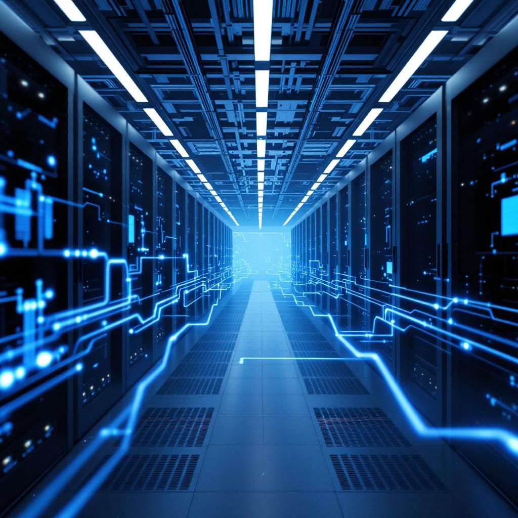 Billedet viser en nærbilledafbildning af en avanceret GPU-klynge, der ligger i en lukket datacenter-arkitektur. Fokus er på de blanke, sorte GPU-enheder med tydelige netværkskabler og RDMA-netværkskort, der forbinder maskinerne i et perfektionistisk organiseret layout. Overfladen af enhederne reflekterer det sterile, blå-tonede lys fra omgivelserne, hvilket understreger en højere teknologisk præcision og ydeevne. Ligesom en abstrakt kalejdoskop vises forskellige lag af netværksdiagrammer og dataflow-grafikker i baggrunden, symboliserende den komplekse infrastruktur, der understøtter AI-udførelse uden vendor lock-in. Detaljer som LED-lys, kabler og metalstrukturer fremhæves med skarp præcision for at visualisere den usynlige teknologi bag moderne AI. Baggrunden er en minimal, men præcist afbalanceret visuel repræsentation af netværkets kommunikation, hvor symbolske linjer og dataglitteringer antyder fraværet af grænser – implicerende, at AI-modeller nu er frit tilgængelige på tværs af hardware- og cloud-lever
