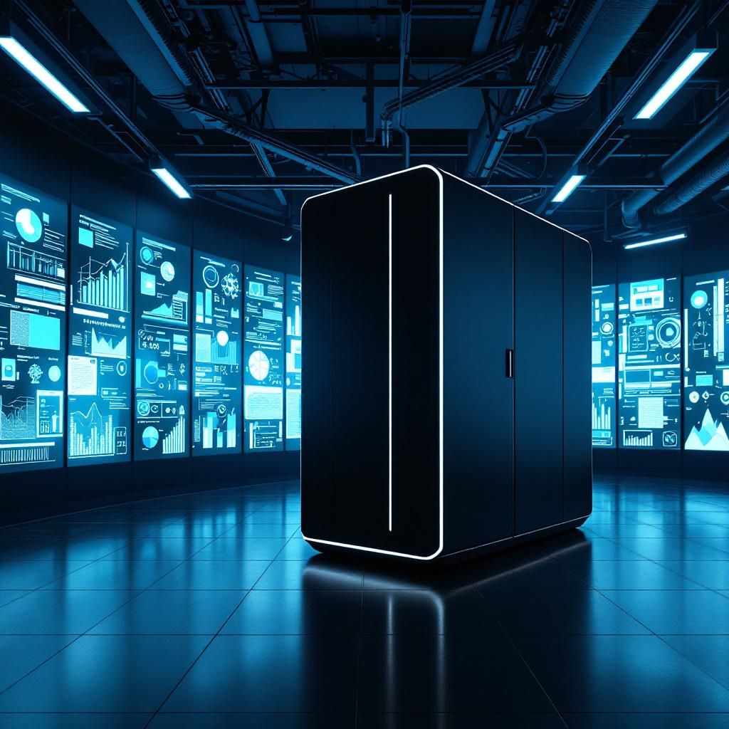 Mit billede fokuserer på en stramt komponeret, realistisk scene set i en moderne datacenter-hall, hvor den centrale figur er en stor, minimalistisk AI supercomputer, der symboliserer Nvidia’s rolle som AI-økonomiens epicenter. Computerens slanke, sorte design med subtile, pulserende LED-liner skaber en stærk kontrast til de omgørende industrielle elementer som kabler, serverramper og tekniske nicher. Omkring den står en gruppering af bløde lysende dataskærme og infografikker, der visualiserer komplekse datastrømme og AI-behandlinger, hvilket indikerer den massive regnekraft uden at vise mennesker direkte. En blød belysning og refleksioner på glasoverfladen understreger det digitale og teknologiske økosystem, hvor infrastrukturen står som en fysisk manifestation af innovation, uden at bevæge sig ind i sci-fi. Baggrunden består af en bred, vidvinkeloptagelse af hallens åbne struktur, med tydelige lag af kabler, serverenheder og LED-skærme, der formidler den enorme datakapacitet og dybden af AI-udviklingen. Far