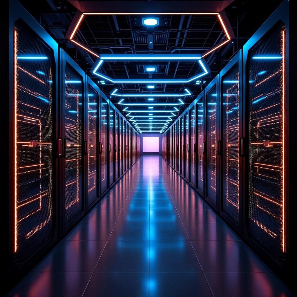 Det mest fængende og symbolsk ladede billede, der repræsenterer emnet om Nvidia som AI-økonomiens epicenter, kan være et nærbillede af en high-tech datacenterkontekst, hvor en række avancerede GPU-serversystemer er arrangeret i en professionel, industrielt æstetisk scene. Fokus er på de stærke, geometrisk udformede former og den subtile belysning, der fremhæver de minimalistiske linjer og LED-lysdioder, der skifter farve og signalerer aktivitet og kraft. Rammen indeholder en blød, diffust lysreflekterende overflade, der fanger de levende farver fra systemets blinker, hvilket skaber en aura af teknologisk styrke og potentiel ubegrænset regnekraft, uden at inkludere menneskelige elementer direkte. I baggrunden ses et lavt, bredt perspektiv af et moderne datacenter med rækker af lignende enheder, der nærmest går i forlængelse af hinanden i symmetri, og symboliserer den enorme infrastruktur, der driver AI-industrien. Det disse billeder udtrykker, er den underliggende skala, robusthed og den hidtil usete teknol