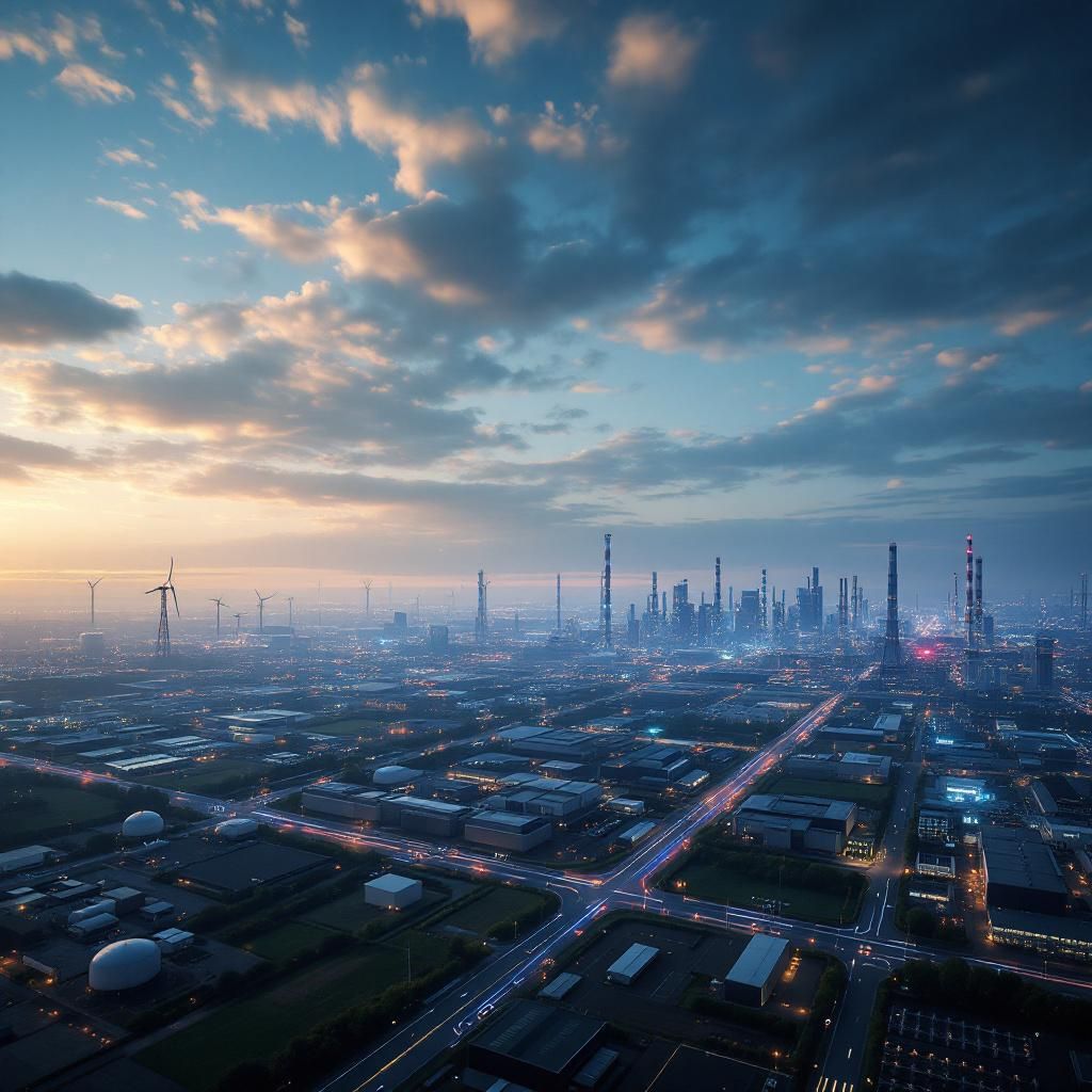 Et kraftfuldt og realistisk fotografi, der dokumenterer den nuværende AI-infrastruktur i en moderne industrilandskab, vil kunne illustrere artiklens kerne uden at bruge menneskelig tilstedeværelse. Billedet viser et stort åbent produktionsmiljø med højteknologiske serverrækker og datacentermoduler, der strækker sig som abstrakte, geometriske former i et industriel landskab. Energieffektive kølesystemer og LED-belysning skaber et dynamisk spil af blå, grønne og hvide nuancer, som symboliserer avanceret databehandling og digital vækst, samtidig med at det udstråler en følelse af omhu, bæredygtighed og teknologisk dominans. I billedets baggrund kan man se en stor, glidende LED-skærm, der viser komplekse, abstrakte visualiseringer af AI-netværk og datakure, hvilket understreger den enorme datainfrastruktur. Det futuristiske, men stadig realistiske miljø illustrerer den fysiske og økonomiske vækst, der driver AI-økonomien fremad, samtidigt med at det balancerer æstetik med dokumentarisk troværdighed. Det indkapsl