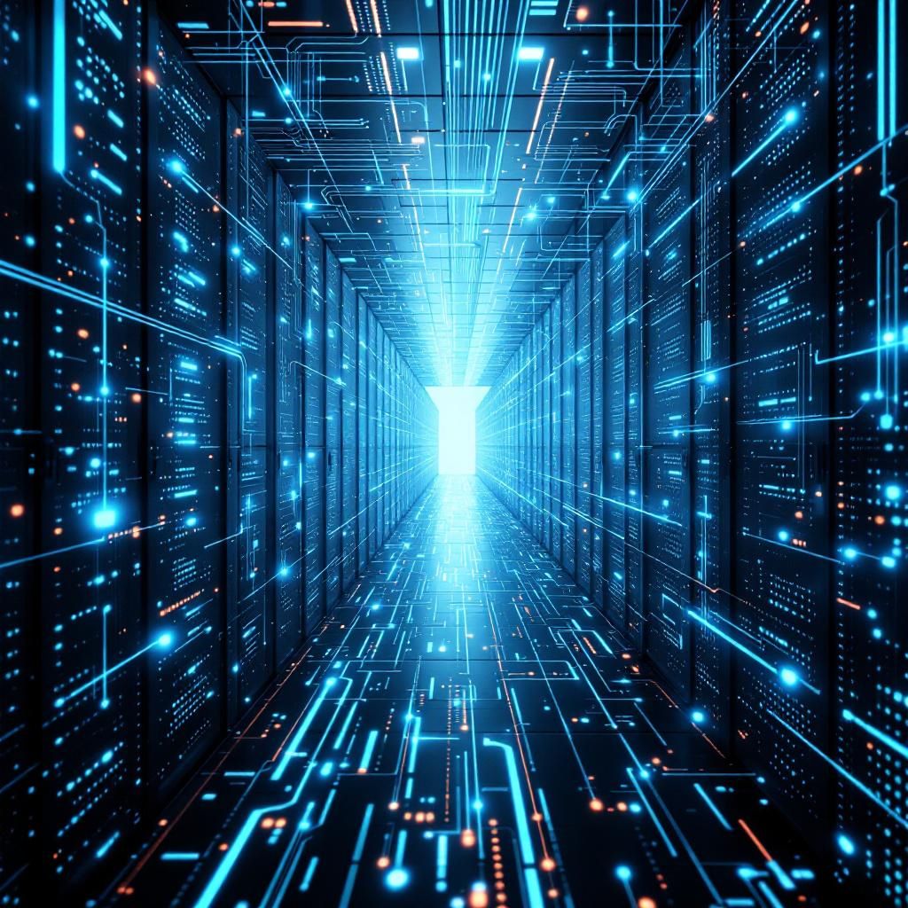 Det mest fængende og spændende foto, der bygger på de abstrakte repræsentationer af emnet, vil vise en præsentation af et digitalt, komplekst datastrømingsnetværk, der symboliserer central styring og governance i AI-drift. Billedet kan skildre en futuristisk, men realistisk, oversigt over en pulserende, nyligt opbygget datacenterhall, hvor synlige fibre og datalinjer strømmer ud fra en central lyskilde, der repræsenterer en kraftfuld AI-gateway. Dette centrale punkt leder til små, individuelle data- og AI-udbydere, visualiseret som flere adskilte, men forbinde blotne, skinnende knudepunkter, som alle er forbundet via lysstrømme, der symboliserer data-flow og omkostningskontrol. Det skaber en følelse af sagkyndig kontrol og overvågning, uden at fokusere på personer, men i stedet på teknologien og dens indbyrdes relation. Billedet formidler den komplekse, men harmoniske struktur af en central styringsarkitektur, som effektivt harmonerer med artiklens tema om behovet for overskuelighed, sikkerhed og compliance 