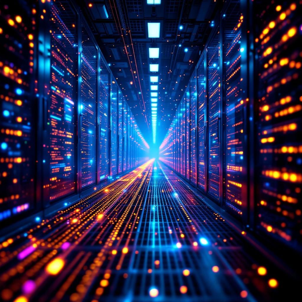 Jeg forestiller mig et dokumentarisk og realistisk billede, der abstrakt fremhæver den komplekse og dynamiske kraft bag avanceret AI-teknologi i nutidens miljøer. Billedet viser en stor, organiseret databassinfrastruktur – en bred vifte af kabler og lysende fiberoptiske ledninger, der snoer sig gennem et stilfuldt, industriel designet datacenter med uudtalte symboler på hastighed, sikkerhed og global datakommunikation. I helhedsblik reflekterer billedet en visuel fusion af maskineri og information, hvor lysende datafluxer bevæger sig gennem kabler med glødende blå, grønne og orange nuancer, hvilket antyder overførsel af realtidsviden og kompleksiteten af AI-processer. Dette fotografi søger at fange den stille, men kraftfulde essens af nutidens teknologi, hvor avanceret datahåndtering og kunstig intelligens er blevet en usynlig, men alligevel gennemtrængende del af samfundets infrastruktur. Det giver en dokumentarisk visualisering af, hvordan komplekse systemer i det virkelige miljø understøtter global kommun