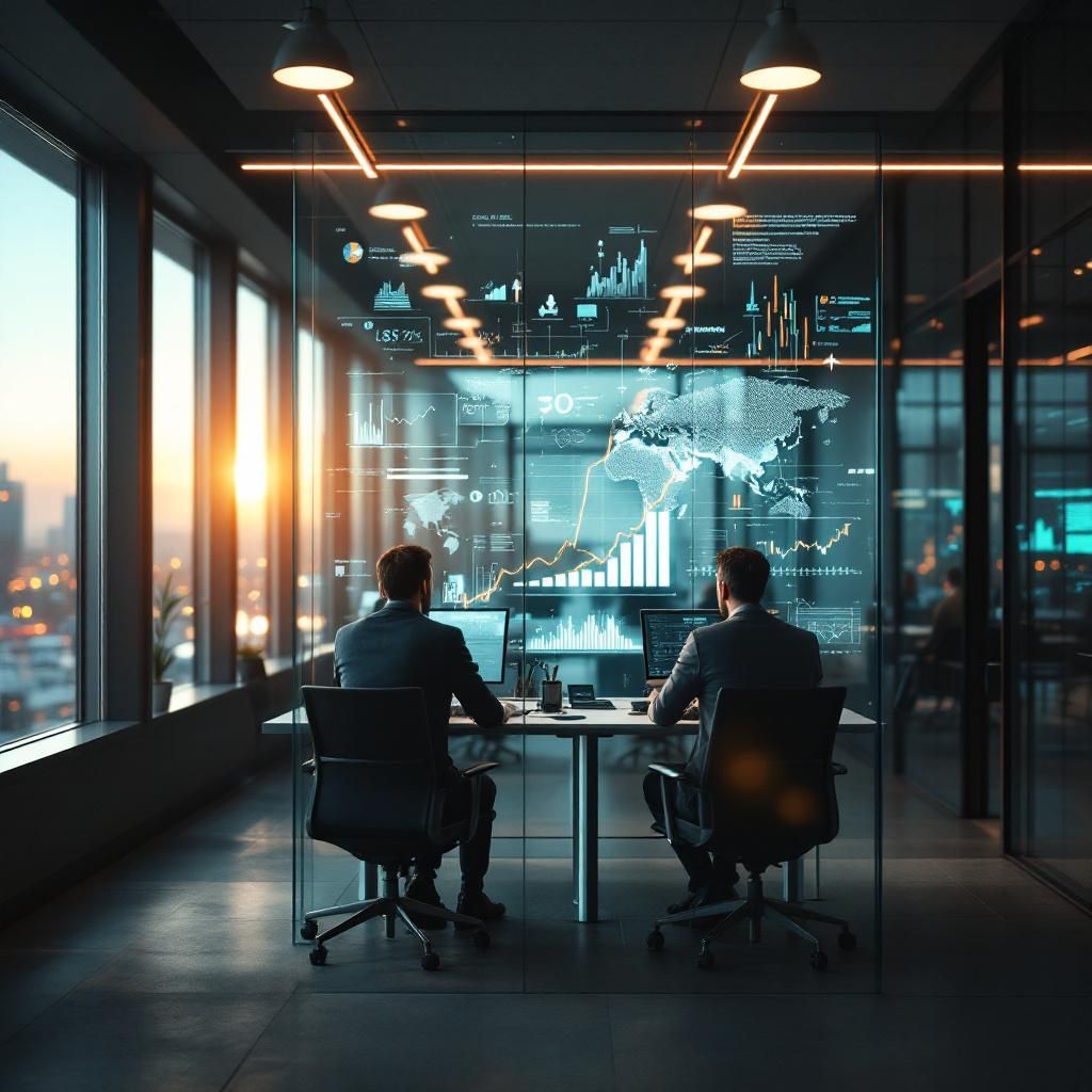 Forestil dig et dokumentaristisk og realistisk foto, hvor fokus er på en moderne, dynamisk revisions- eller finanskontor, men uden mennesker i direkte arbejde. I midten af billedet forstår du en stor, transparent skærm, der spejler data og komplekse grafiske visualiseringer – visualiseringer, der symboliserer AI’s evne til at analysere enorme datamængder i realtid. Skærmen indrammes af bløde, moderne kontorindretninger med scrapborders og subtile, teknologiske elementer som kabler og data-lyssignaler, der antyder en aktiv data-flow. Omgivelserne er præget af miljøer med varme, dæmpede toner, integreret med lavtflydende lys, der giver scenen en følelse af ro og dybde i den komplekse databehandling. Et par små, diskrete elementer – for eksempel en arkivtilgang eller en skitseblok – antyder menneskets rolle som vejleder og vurderingspunkt, uden at det direkte afbildes. Det samlede billede fremhæver AI’s indflydelse på revisionens fundament, uden at portrættere direkte personligt arbejde, men i stedet understr