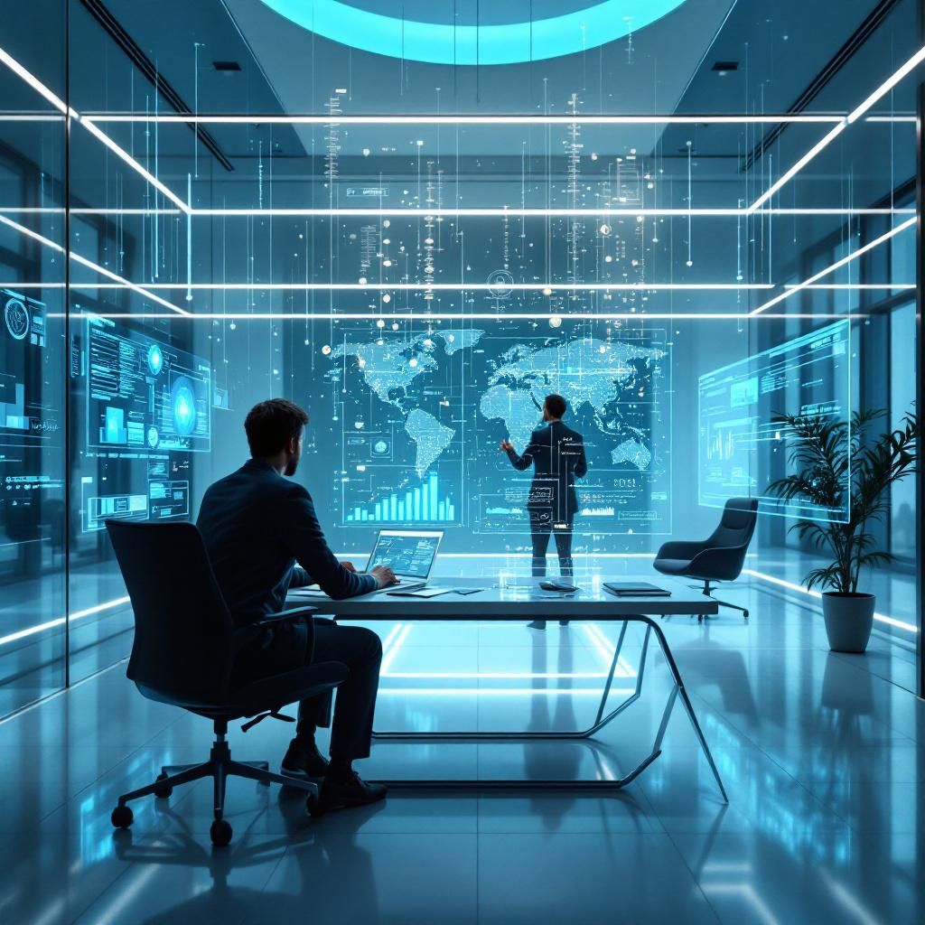 Billedet viser en dokumentaristisk, realistisk scene af et moderne, nytidigt kontormiljø, der fokuserer på hvor AI-teknologi integreres i revisions- og økonomistyringsprocesser. I centrum er en stor, transparent og futuristisk dataskærm, der visualiserer komplekse datamønstre og analyseprocesser—repræsentationer af algoritmer og datatransaktioner, der flyder i organiske, abstrakte former ud over skærmen. Rummet er præget af subtile, men ledende elementer som sofistikeret belysning, spejle og teknologiske detaljer, der fremhæver de data-drevne, sikre processer uden at fokusere på personer. Farvepaletten er dæmpet med blånuancer og kølige metaller, der understreger den professionelle, innovative og tillidsfulde karakter af AI’s rolle i revisionen. Billedet formidler en realitetsbaseret scenarie, hvor teknologien handler om dataintegration, overvågning og risikovurdering—og visualiserer et øjeblik, hvor teknologiens kraft og tillid mødes. Den abstrakte repræsentation af datamønstre og graph visualiseringer unde