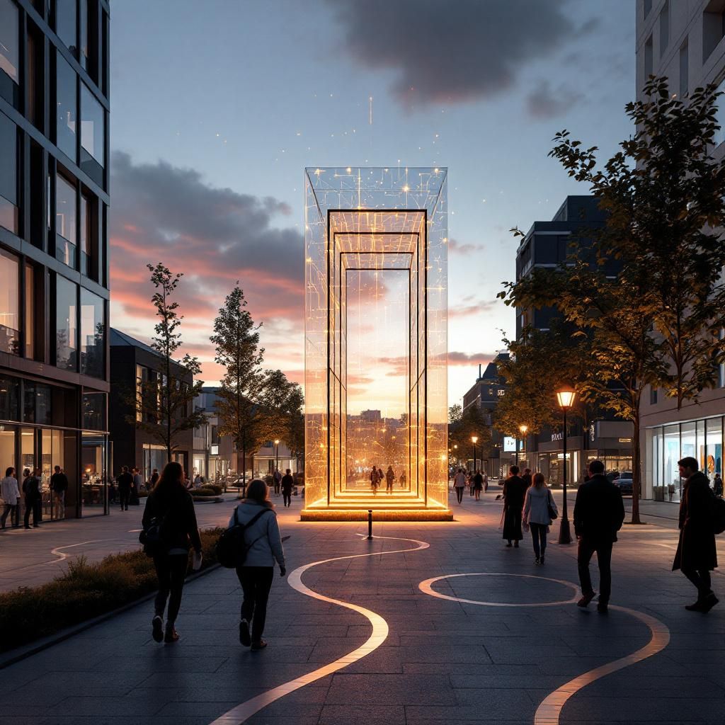 Et nærbillede af en moderne, urban bymidte ved solnedgang, hvor et åbent, offentligt område fungerer som en samlingsplads for innovation og datadeling. I midten står en kontur af en stor, transparent skærm, der er delvist integreret i bygningsfacader og byrummet, og den viser en kompleks, abstrakt visualisering af netværk, data flow og AI-aktiverede processer. Forskellige lag af digitale linjer, punkter og pulserende lysstrømme strækker sig ud fra skærmen og ind i omgivelserne, symboliserende dataudveksling mellem byens infrastruktur, borgere og teknologi. Rundt om står små grupper af personer i casual tøj, der observerer skærmens visuelle trafik, nogle med smartphones i hånden, andre med fordybede ansigter. På fortovet og i parkeringsområderne er der spaceship-agtige, glade æstetikker i form af integrerede datapositioner og sensoriske installationer, som subtilt viser, hvordan teknologien er en usynlig, men alligevel dybt integreret del af hverdagen — en realistisk, men abstrakt repræsentation af teknologie