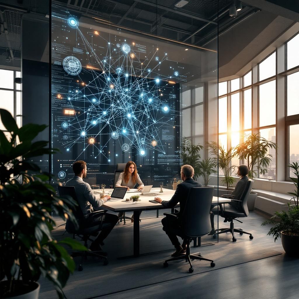 Forestil dig et realistisk, dokumentaristisk foto taget i et moderne, nybygget offentligt kontor, hvor en stor, transparent skærm dominerer rummet. På skærmen vises en digital visualisering af en kompleks, dodget netværksstruktur, der symboliserer dataflyd og kontrol, med subtile varierende blå, grønne og gule nuancer, der repræsenterer forskellige data- og sikkerhedslag. Rummet er dækket af naturligt lys fra store vinduer, og kontorstrukturen er minimalistisk med rene linjer og åbne rum, uden mennesker i fokus, men med et par medarbejdere, der står diskret i baggrunden og overvåger systemet via tablets eller monitorer. Dette foto fremhæver den avancerede teknologi handler om: lokal datahåndtering, sikkerhed og kontrol i det offentlige, visualiseret gennem en rehabiliteret, realistisk virkelighed, hvor teknologien er en integreret del af det offentlige felt uden at fremstå futuristisk eller sci-fi-agtigt.