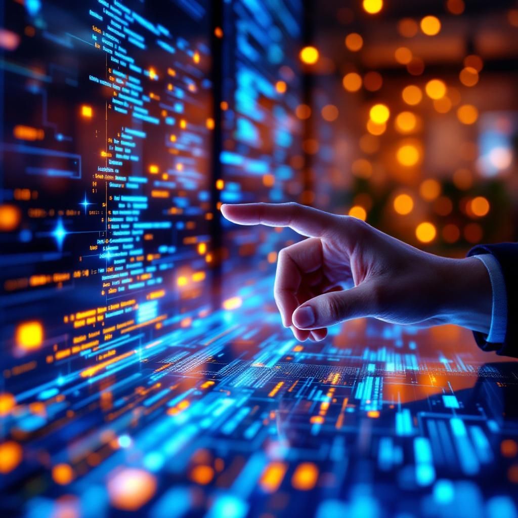 Forestil dig et nærbillede af et moderne data science 'SageMaker Space' miljø, der fanger den abstrakte kraft af cloud-baseret samarbejde. Billedet viser en stor, transparent touchscreen væg fyldt med komplekse netværksvisualiseringer, kodeblokke og datatrafik, der synger gennem digitale stier i form af lysende linjer og pulserende punkter. I fokus er en slidt, vægtløs hånd, der synes at styre disse digitale stier uden fysisk kontakt, symboliserende den usynlige, men effektive kontrol af ressourcer og arbejdsfællesskaber i den moderne AI-infrastruktur. Baggrunden er et højloftet, industriel-lyst miljø med eksponerede kabler og serverrack, hvor mindst seks forskellige ”arbejdsområder” er tydeligt adskilt men forbundet gennem usynlige, digitale netværk, der strømmer mellem dem – et levende syn på multiteam samarbejde og fleksibel ressourceudnyttelse. Lyset er dæmpet, men med en varm glød fra LED-belysning, der fremhæver de strukturer og dataflow, der flyder som en pulserende åretegning gennem rummet — et real