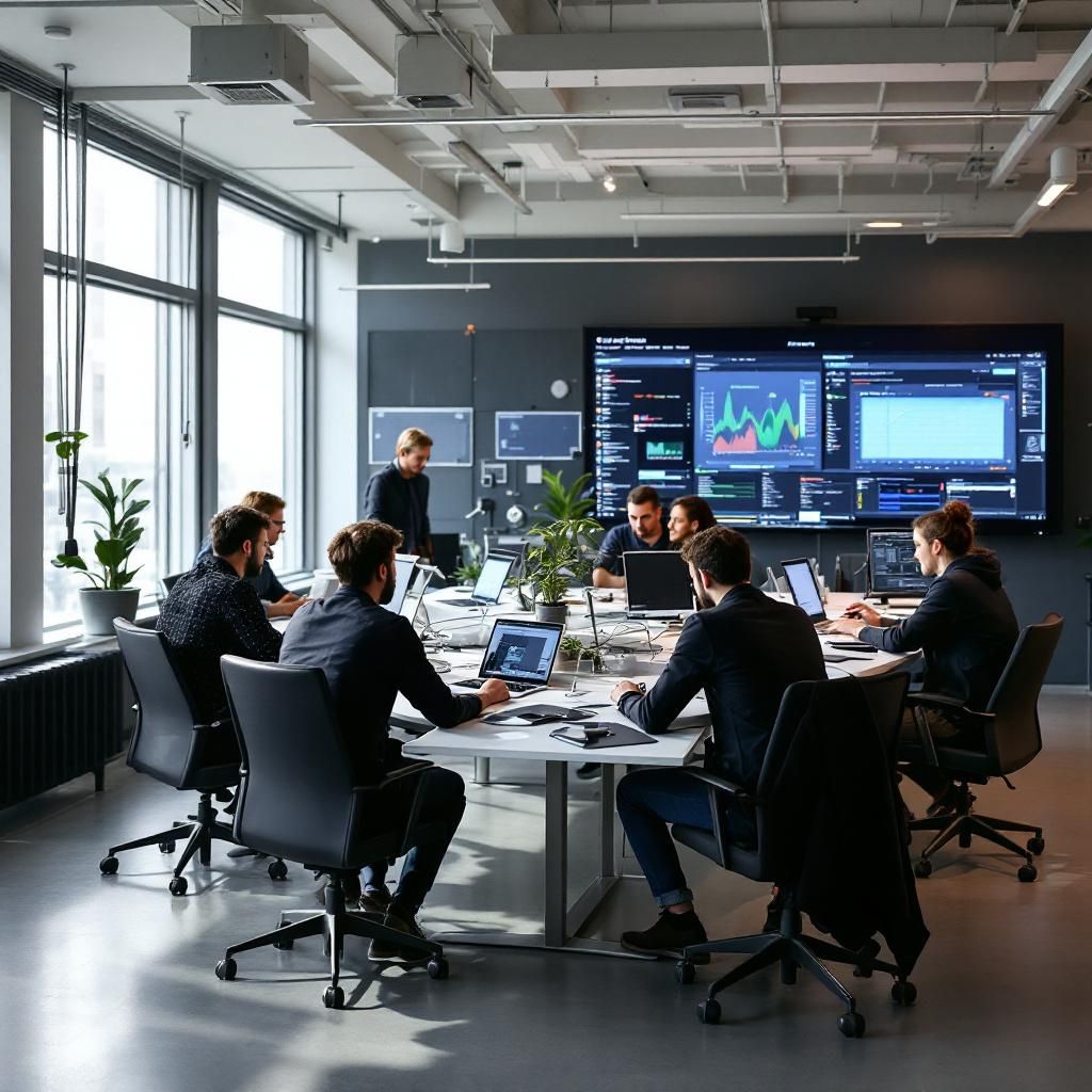Det mest fængende og dokumentaristiske billede, der relaterer til artiklen om SageMaker Spaces, forestiller en moderne data science-arbejdsplads, hvor en gruppe teknikere og innovationseksperter samarbejder i en lyd- og lysoptimeret lab. I forgrunden ses en stor, transparent skærm, der visualiserer komplekse, farverige datamodeller og realtidsvisualiseringer af GPU-ressourcer, hvor de forskellige workloads flyder harmonisk i et organiseret, digitalt netværk. Rummet er fyldt med subtile hints til avanceret cloud-infrastruktur, såsom usb-c-drev, kabler og interfaces, mens lyset fra skärmen reflekterer i rene, minimalistiske omgivelser, hvilket skaber en følelse af effektivitet og teknologisk precision. Her skabes en atmosfære, der demonstrerer, hvordan cloud-baseret AI-udvikling integreres i dagligdagen uden at fokusere på mennesker, men snarere på data og infrastruktur, som er den essentielle kraft bag denne AI-revolution.