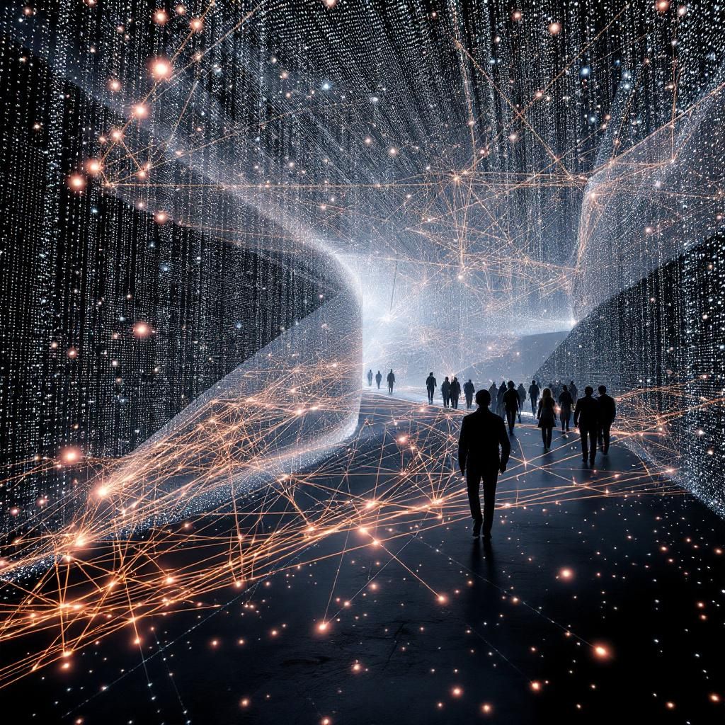 Forestil dig et realistisk, dokumentarisk billede, der abstraherer de komplekse økonomiske og teknologiske kræfter bag AI-revolutionen, uden at inkludere mennesker. Billedet kan vise en stor, moderne datacenter-lignende installation, hvor millioner af små, LED-lysende komponenter illustrerer enorme datamængder og AI-arkitekturer, der flyder som abstrakte, geometriske netværk i luften. Disse lysende netværk er forbundet via fine, næsten usynlige linjer, der symboliserer den finansielle og infrastrukturelle struktur, der holder AI-økosystemet i live — inspirerende, men også skrøbeligt, som en digital væv af sammenfiltrede kredsløb. Baggrunden inkluderer en dæmpet, grafisk visualisering af globale pengestrømme og finansielle risikobehæftelser, som små, flydende diagrammer og grafer, der svæver over installationen. Det stiller skarpt på den usynlige, komplekse økonomi bag AI-infrastrukturen, hvor silhuetter af serverrækker og datacenterstrukturer understøtter netværket — et billede, der balancerer mellem moderne