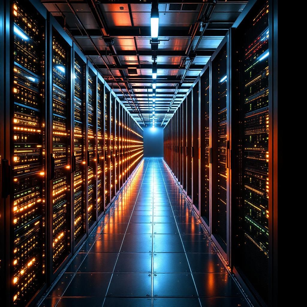 Forestil dig et dokumentaristisk fotografi, der fanger den økonomiske og infrastrukturelle virkelighed bag AI-revolutionen i Silicon Valley, uden at fokusere på mennesker direkte. Billedet består af et indendørs samtale- og mødemiljø set udefra, hvor et stort, avanceret datacenter med høje, metalliske racks og blinkende LED-lys dominerer scenen. Midten af billedet viser en lang række servere, som er kraftfulde og fyldt med lyse, farverige indikatorlamper, der afspejler den høje aktivitet og investering, der driver AI-udviklingen, uden konkrete mennesker til stede. Over dette teknologiske landskab svæver grafer, diagrammer og økonomiske data som abstrakte, digitale visualiseringer, der symboliserer de skjulte finansielle risici og investeringer, der er vævet ind i infrastrukturen—et billede af kompleksitet og intensitet, bygget op af teknologiske komponenter, grafikker og datadrevne signaler, der illustrerer den økonomiske storm, der ryster den digitale verden .