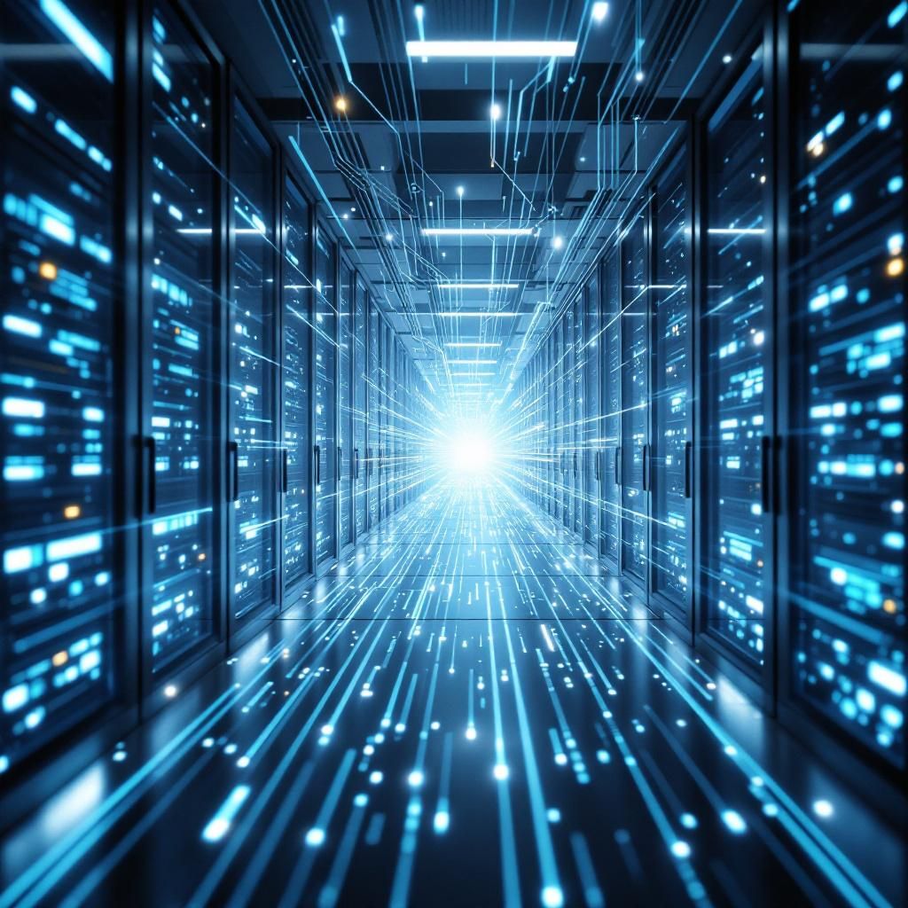 Jeg forestiller mig et nærbillede af et moderne, veldesignet datacenter, hvor en række højteknologiske serverrækker strækker sig ind i et dystert, men præcist oplyst miljø. I den centrale del af billedet er en abstrakt, men realistisk gengivelse af data-flows: synlige, farverige lysstrømme, der bevæger sig gennem serverne som digitale pulser, ledsaget af subtile, geometriske lag af simuleringer af komplekse algoritmer og netværksstrukturer. Dette visuelle billede af dataudveksling og avanceret kodning udgør en visuelt fascinerende, dokumentarisk skildring af den teknologiske transformation, hvor AI som Opus 4.5 integreres i den fysiske infrastruktur, der understøtter den digitale tidsalder.