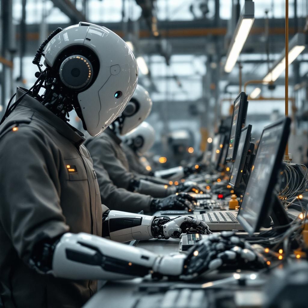 Det mest fængende og spændende foto, der illustrerer indholdet i artiklens sidste tredjedel, kan være en dokumentaristisk, realistisk gengivelse af en moderne virksomhedsmiljø, hvor AI og automatisering spiller en central rolle. Forestil dig en dynamisk scene i en åben, industrialiseret produktion eller kontorlandskab, hvor avancerede automatiserede robotar og intelligente systemer arbejder symbiotisk sammen med ansatte, der styrer og overvåger processerne. Dette kan visualiseres som en fusion af mennesker og maskiner, hvor den teknologiske kompleksitet er tydelig, men uden at fokusere på enkeltpersoner – i stedet på den teknologiske symbiose. Miljøet er præget af subtile visuelle elementer som data-streams, farverige lysbånd, der symboliserer digitale processer, og integrerede værktøjer, der understøtter automatisering uden at fremstå futuristisk eller sci-fi-agtigt. Billedet bør formidle en følelse af kontinuerlig, effektiv og intelligent produktion i en nutidig kontekst, hvor AI og komplekse systemer er b