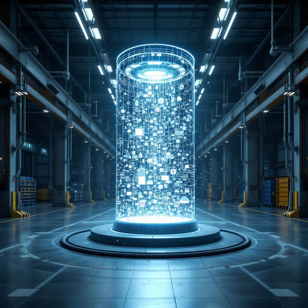 Billedet, der bedst formidler den komplekse virkelighed omkring AI-investeringer og det værdiskabende potentiale, er en dokumentaristisk optagelse af en travl lagerhal, hvor en række intelligente sensorer og datapaneler er strategisk placeret blandt industrielle maskiner. I midten står en stor, transparent beholder fyldt med flydende data – symboliserende det abstrakte 