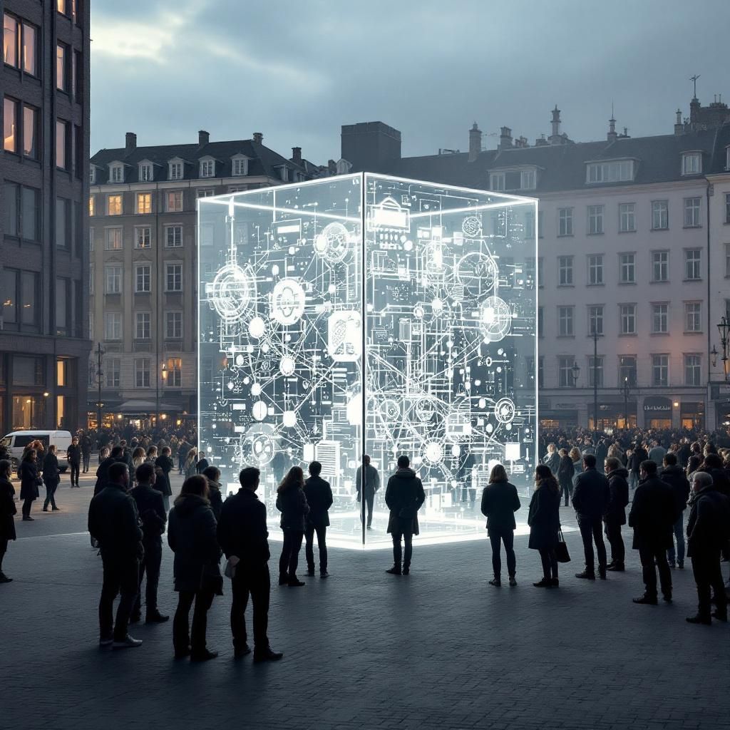 Billedet er en dokumentaristisk optagelse af en moderne, urban hverdagsscene, hvor teknologien er integreret i det offentlige rum. Det viser en stor, åben plads i en by, hvor en gruppe mennesker står i cirkler omkring en midlertidig installation: en stor, transparent kuppel med indvendige, dynamiske projiceringer af data-flow, netværksstrømme og abstrakte diagrammer, der symboliserer kompleksiteten og potentialet i AI-teknologi. Fra luften ses en kombination af analytiske visuelle elementer og subtile referencer til offentlige infrastrukturprojekter, hvor data strømmer gennem byens rum som synlige energibunder, hvilket illustrerer samspillet mellem avanceret teknologi, beslutningstagning og samfundets udvikling. I forgrunden er der et panel af beskuere i almindelige, hverdagstilpassede beklædninger, der betragter installationen med fascineret koncentration uden at fokusere på personer eller deres ansigter. Det teknologiske element er tydeligt, men naturligt integreret i miljøet: dataen strømmer som lysende t