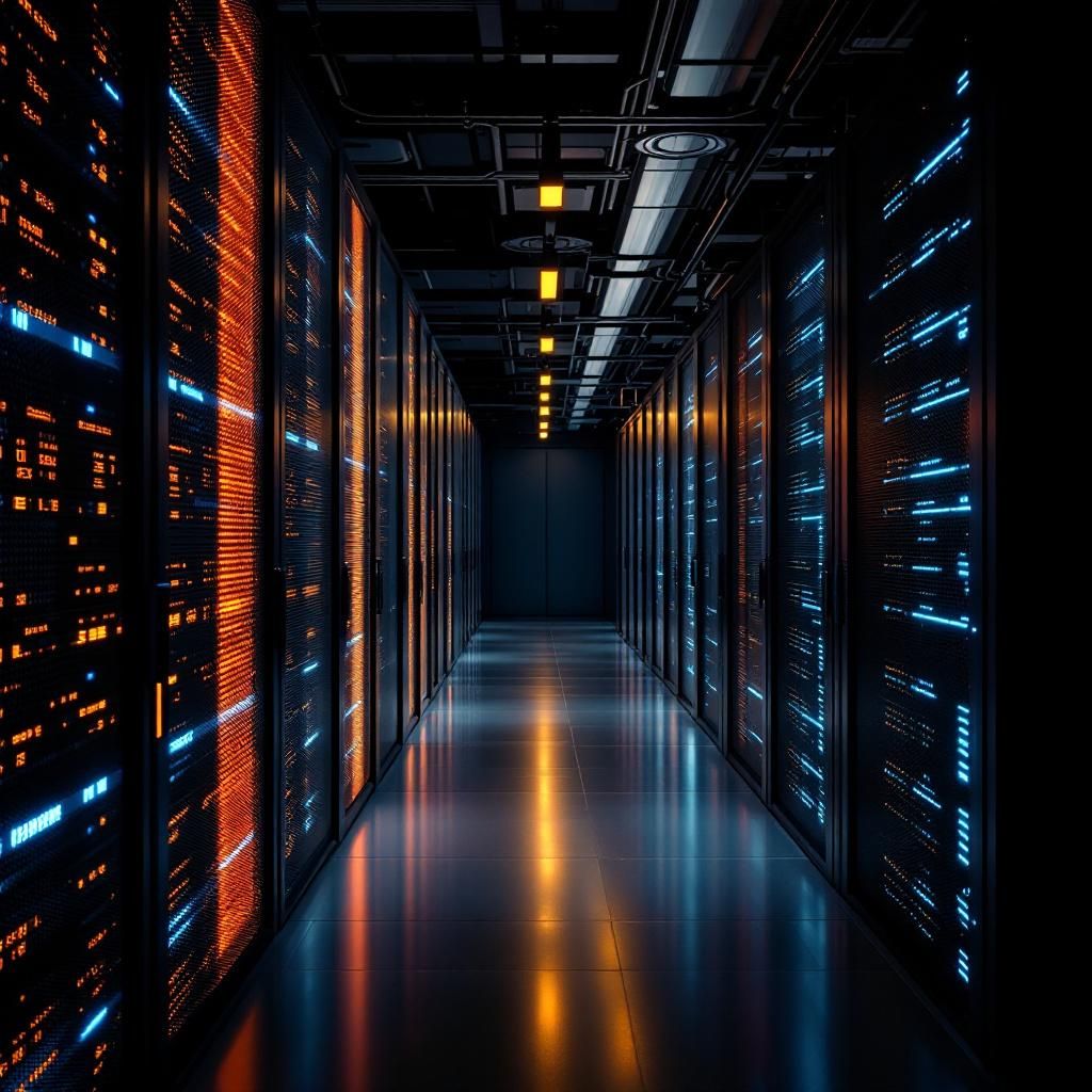 Det mest fængende og spændende billede, der kan repræsentere emnet i den sidste tredjedel af artiklen, er et dokumentaristisk nærbillede af en moderne, offentligt tilgængelig datacentral, hvor teknologi og datasikkerhed er i fokus. Billedet viser en række åbne serverskabe med bløde LED-lys i nuancer af blå og grøn, der symboliserer avanceret databehandling og beskyttelse. Rundt om disse skabe er der et miljø af teknisk personale i minimalt synlige detaljer — eksempelvis hænder i handsker, der justerer kabler, eller overvågningskameraer, der holder opsyn — uden at det overdriver menneskeligt nærvær, for at understrege det realistiske og dokumentariske. Det diffuse, bløde lysspil kombineret med en koncentreret, neutral atmosfære peger mod den komplekse, men essentielle infrastruktur, der understøtter AI-teknologier og datasikkerhed i dagens samfund. Billedet formidler en global, infrastruktur-drevet virkelighed, hvor den daglige realitet for datahåndtering, automatiserede sagsbehandlingssystemer og offentlig d
