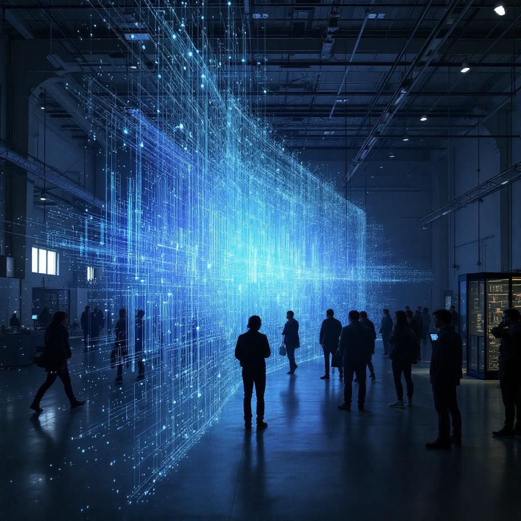 Forestil dig et fotografi taget i en ny, innovativ produktionshal, hvor abstrakte datarepræsentationer er integreret i det fysiske miljø gennem kunstneriske, dynamiske installationer. Midt i rummet findes et komplekst netværk af transparente, palladede kabler og skinnende metalstrukturer, der minder om noder i et stort, digitalt kredsløb, men som også fungerer som bærende elementer i den industrielle arkitektur. Over disse artefakter svæver holografiske projectioner, der skildrer flydende, lyserøde og blå farveintensive dataflydninger, som symboliserer AI’ens processer — nogle langsomme og kontrollerede, andre lynhurtige og kaotiske. Billedet er en realismebaseret komposition, hvor de fysiske elementer understreger effektivitet og kompleksitet i produktionsmiljøet, uden at overdrive med sci-fi-elementer, men fremhæver i stedet den konkrete integration af kunstig intelligens i produktionen.