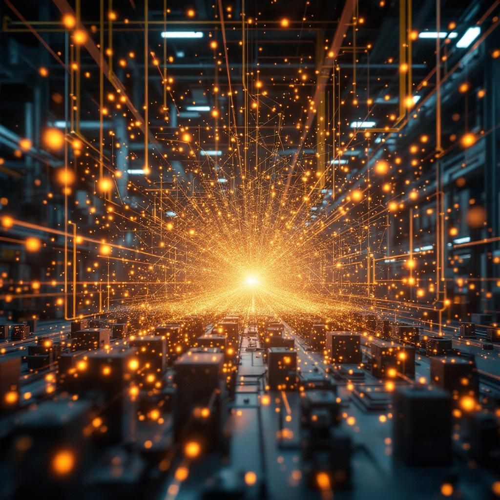 Til det mest fængende og dokumentaristiske billede, der visualiserer emnet i midten af artiklen om AI i produktionen, kan man forestille sig en realistisk scene, hvor komplekse produktionsprocesser er visualiseret gennem abstrakte, men præcise dataflydninger og geometriske former i et moderne, industrielt miljø. Dette kunne være et nærbillede af sensorer, der indsamler data, og en simulering af data, der flyder gennem virtuelle kanaler, som symboliserer AI'er, der overvåger og optimerer produktionen – uden menneskelige figurer i fokus, men med tydelige, teknologiske elementer, der viser automatiseringens indflydelse i nutidens produktionsmiljø. Billedet vil bruge usædvanlige lys- og farvekombinationer for at fremhæve dataflow og den komplekse samspil mellem teknologi og produktion, hvilket understreger, hvordan AI understøtter realtidsbeslutninger og effektivitet uden at blive cliché.