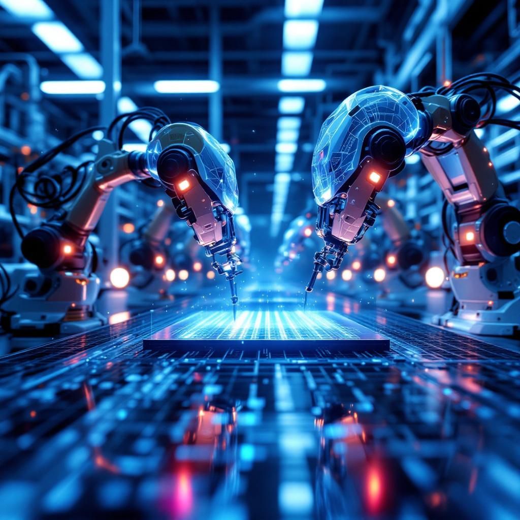 Forestil dig et nærbillede af en produktionshal, hvor maskiner og robotic armaturer arbejder i perfekt symfoni under indendørs belysning, og hvor store, transparente LED-skærme over maskinerne viser komplekse datagrafikker og AI-analyser i klar fokus. Kameraet fanger den subtile bevægelse af sensoriske kabler, der forbinder maskinerne, og insinuerer en dyb integration mellem hardware og dataflyd. I baggrunden ses en refleksion af produktionsmiljøet i en glasvæg, hvor sikkerheden og integriteten i systemerne vises gennem subtile, anonyme datadistributioner, der repræsenterer realtidsovervågning og optimering uden menneskelig tilstedeværelse. Billedet balancerer mellem den rå industrielle æstetik og det avancerede, ofte usynlige netværk af data og AI, der styrer produktionen. Det formidler den komplekse, men nødvendige overgang, hvor teknologi smelter sammen med det fysiske produktionsmiljø for at skabe mere effektivitet, sikkerhed og fleksibilitet – helt uden menneskelige personer i fokus, men med en stærk s