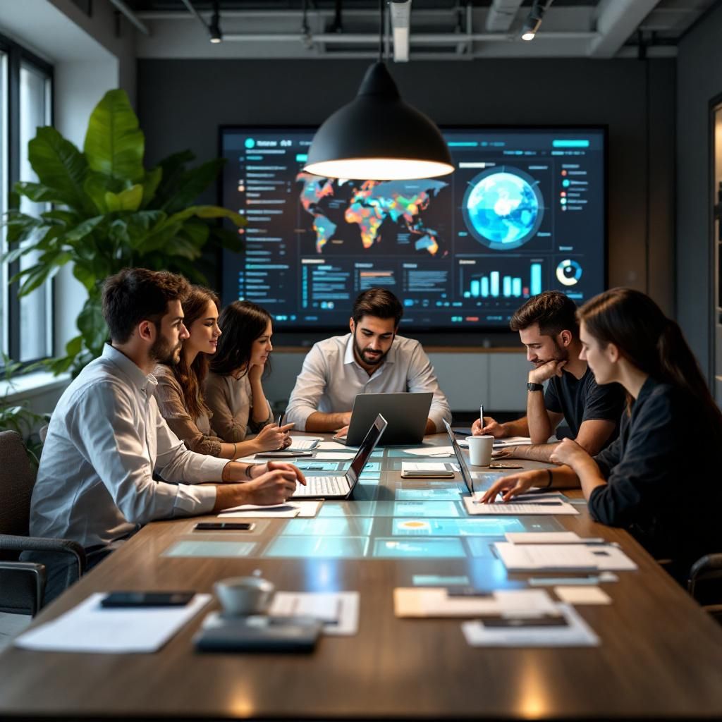 Mit mest fængende og dokumentaristiske billede til artiklen om Microsofts AI-udvidelse i Indonesien vil være et realistisk, stilrent foto af en moderne, hyggelig arbejdsplads, hvor lokale virksomheder og offentlige organisationer aktivt samarbejder med AI-udviklere. Billedet kan eksempelvis vise en gruppe professionelle, der studerer en stor skærmvæg med visuelle data og diagrammer om lokal AI-implementering, omgivet af moderne miljø-elementer såsom digitale tavler, smarte enheder og genbrugelige materialer, hvilket symboliserer den lokale datahåndtering og AI-udvikling. Dette scenarie er relevant for at visualisere den praktiske anvendelse og den sociale effekt af Microsofts AI-indsats, uden at vise personer foran computere direkte, ogformer derfor en troværdig, dagligdags dokumentarfortælling.
