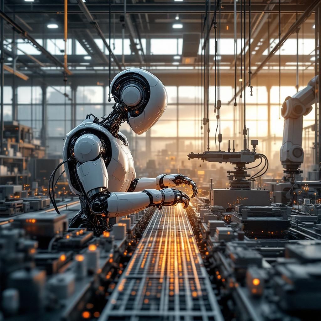Forestil dig et nære og dokumentaristisk billede af en moderne, hektisk produktionshal, hvor automatiserede robotarme arbejder side om side med mennesker i en tydeligt differentieret samarbejdszone. På gulvet er der tydelige markeringer og farvede linjer, der symboliserer den nye