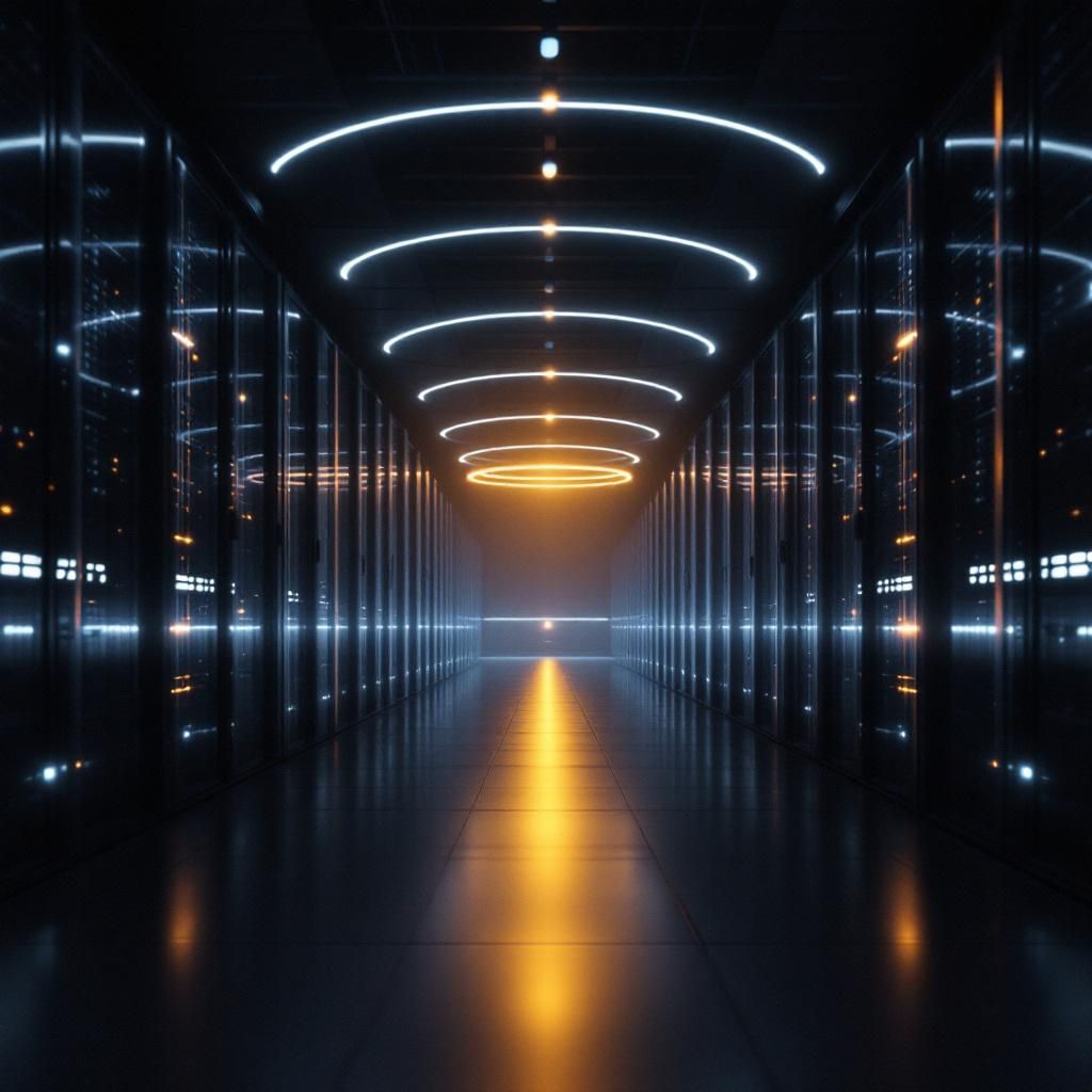 Det mest fængende og spændende foto, der bygger på abstrakte repræsentationer af artiklens emne, kunne forestille en nærbilde af en stor, avanceret datacenter- eller serverrumsmiljø set fra et menneskeligt perspektiv. Fotografiet viser en minimalistisk, forsuret environment med en række symmetriske, cirkulære lyssignaler og kabler, der strækker sig ud i mørket, hvilket symboliserer den komplekse, uendelige strøm af data og intelligens. I forgrunden kan der være en enkelt, stiliseret LED-lyskapsel, der pulserer i takt med dataflowet, hvilket illustrerer AI-ens 