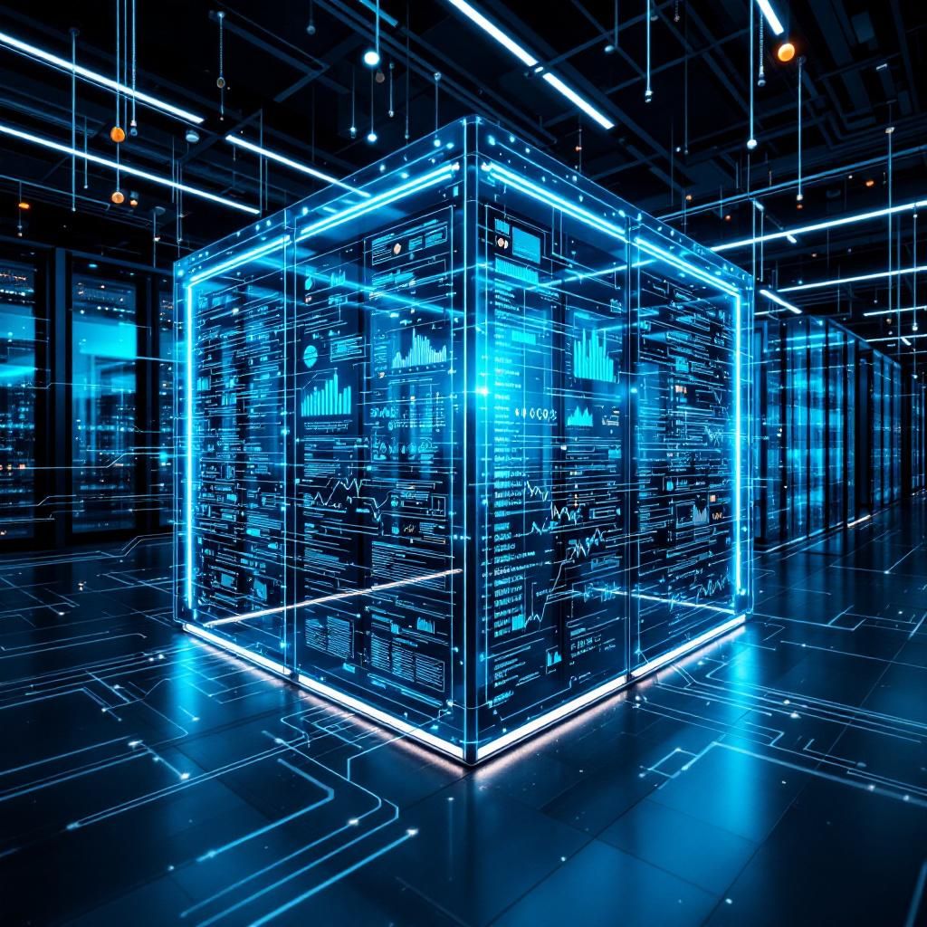 Det mest fængende og spændende foto, der kan bygge bro mellem abstrakte repræsentationer og emnet for Frontiers AI Research Lab, er et billede af et futuristisk, komplekst datasystem inkarneret i et realistisk miljø. Forestil dig et tæt oversigtsbillede af en stor, transparent dataskærm, der overlægges en moderne, rå bygningsstruktur – måske et datacenter, der er indlejret i en industriel skitse med synlige kabler, servere og centrerede datalagringsenheder. Over skærmen flyder et væld af data, grafikker, dataspor og forbundne linjer, hvilket symboliserer datasporbarhed, præcision og tillid i AI-udvikling. Experimentelle, men realistiske elementer som netværksledninger, cirkulerende lysstrenge og holografiske overlays skaber en autentisk følelse af, hvordan avanceret AI integreres i og påvirker den fysiske infrastruktur. Dette billede illustrerer i realtid en datadrevet transformation—et visuelt klik i den moderne, men stadig håndgribelige virkelighed—hvor digital og fysisk verden smelter sammen for at unders