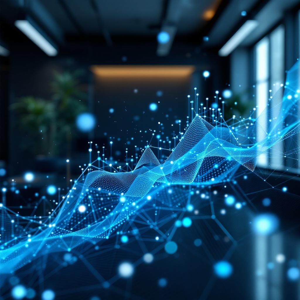 For at skabe et fængende og realistisk billede, der visualiserer de komplekse data og de abstrakte initiativer omkring AIs anvendelse i erhvervslivet, forestil dig en scene i et moderne, lyst kontormiljø, hvor ikke personer er i fokus, men derimod et kunstnerisk, fotografisk symbolsk skud. Et nærbillede kan vise et gennemsigtigt, spildrende lag af digitale data, der flyder over en væg af stop- eller grafic-diagrammer, symboliserende datasporbarhed og præcision i AI-udvikling. Lyse, blå og grønne nuancer dominerer billedet for at afspejle innovation, tillid og bæredygtighed. Det rummer en følelse af kompleksitet og præcision uden at blive overladen af menneskelige elementer, hvilket giver et dokumentaristisk blik på nutidens teknologiske virkelighed. Dette visuelle udtryk understreger AIs rolle i at skabe sikre, gennemsigtige og ansvarlige løsninger i en konkret hverdag, hvor data og teknologi er integreret i samfundets fundament og private organisationers kernedrift uden at blive cliché eller sci-fi inspir