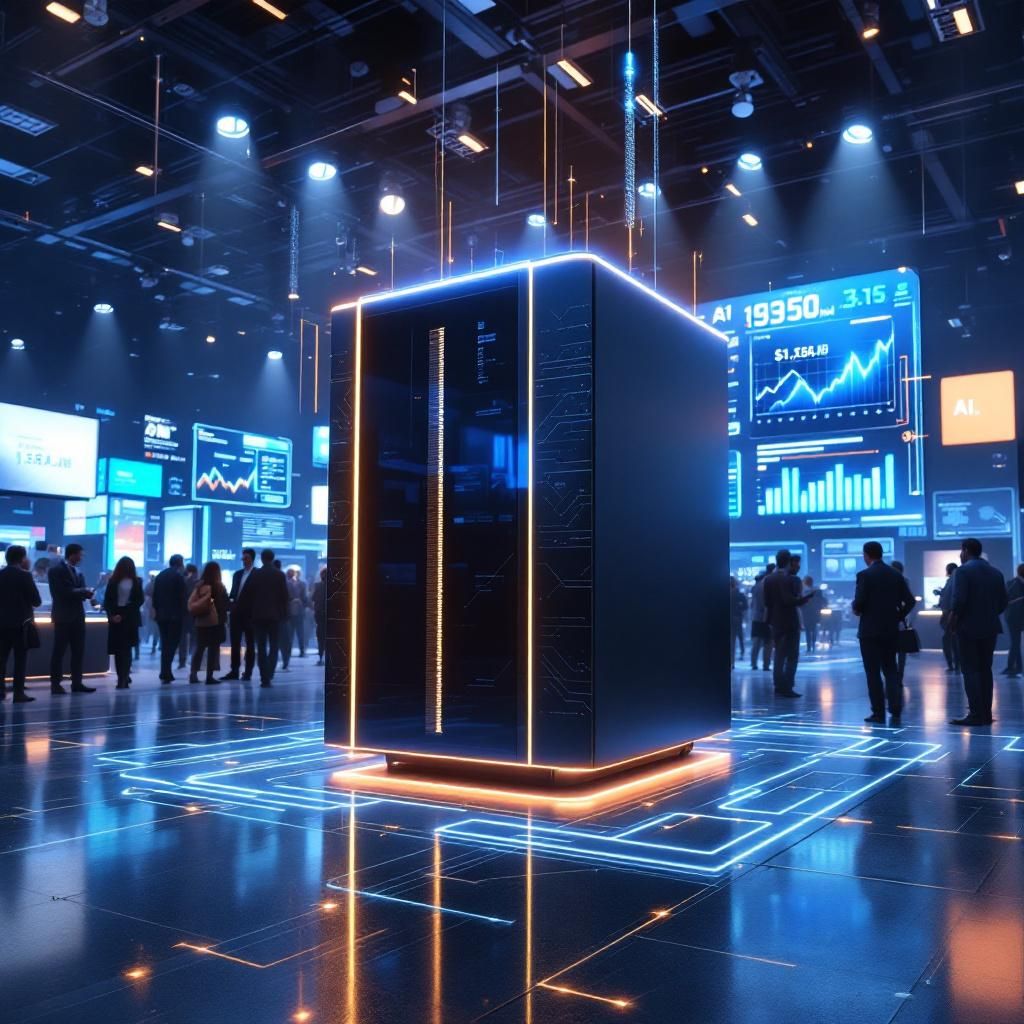 Det mest fængende og spændende foto, der illustrerer artiklens indhold om AIs rolle i nutidens salg, kunne være et realistisk billede af en moderne, livlig messe eller konference med fokus på teknologisk innovation. Forestil dig en scene, hvor en stor, minimalistisk AI-processor i form af en elegant, sort supercomputer står udstillet på et lyst, åbent område med bløde lysreflekser, LED-lys, og dynamiske visualiseringer af data, der svæver i luften – fx grafer, sætninger og netværk, der symboliserer AI’s komplekse processer og muligheder. Omkring står besøgende, både professionelle sælgere og teknologientusiaster, med smartphone-kameraer og tablets, der dokumenterer maskinen, mens de diskuterer og peger på de visuelle data. På bagsiden er store LED-skærme, der viser realtidsvisualiseringer af AI’s effekt, som lead scoring, automatiserede mails eller pipeline-analyser. Dette fotografi binder visuel æstetik med den nutidige, praktiske anvendelse af AI i salg og teknologi, uden at fokusere på personer, men på te
