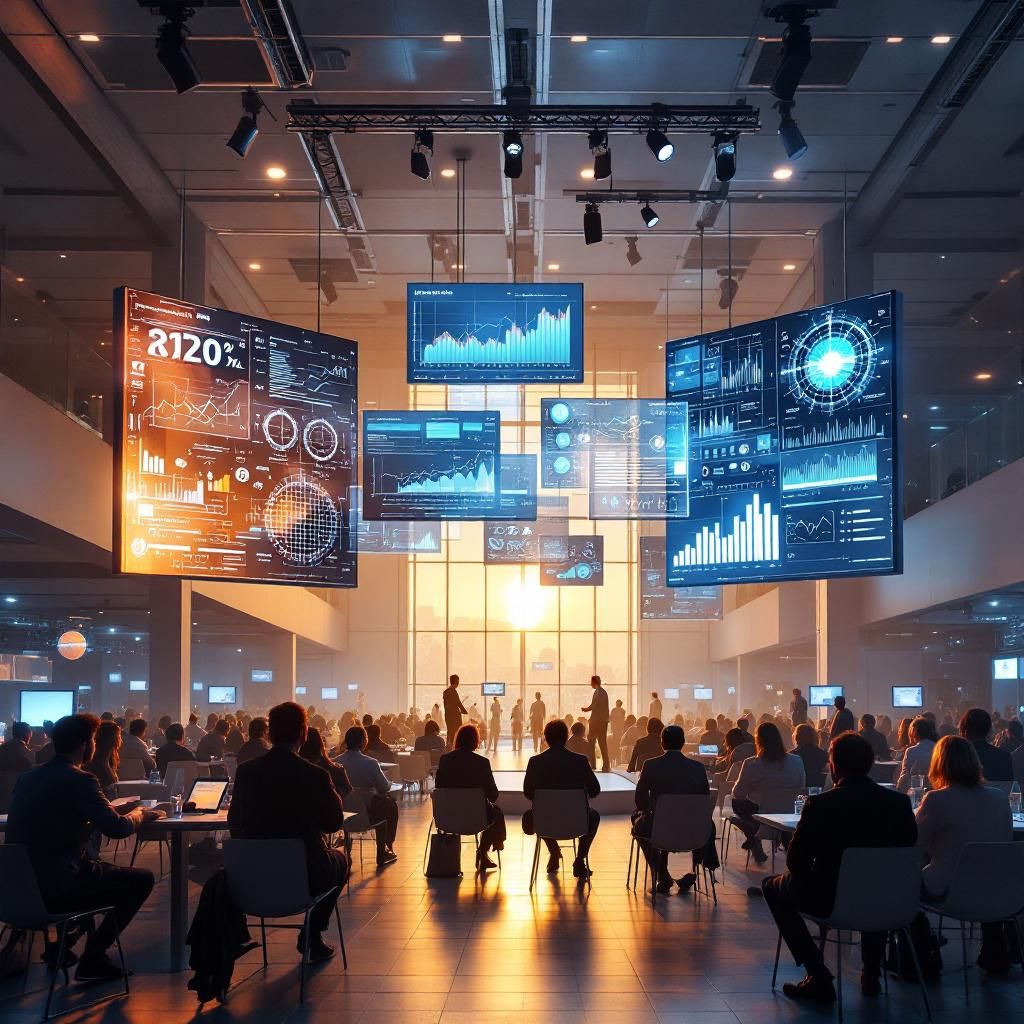 Forestil dig et satelitbillede taget i nærheden af en stor, moderne konference- eller messehal. Fokus ligger på en gruppe store LED-skærme, der viser komplekse grafer og data, som symboliserer AI’s brug og indsamling af information i realtid. I centrum står en neutral, teknisk arkitektur – et minimeret, minimalistisk datacenter med luftstrøm og kabler organiseret under gennemsigtigt glas, der afspejler det pulserende lys fra influenserdæmpede LED-bunkers. Rummet er fyldt med diskrete, avancerede dataskabe og lyssignaler, der indikerer dataintegration og informationsudveksling, hvilket illustrerer den moderne, teknologiske base for AI’s indhentning og håndtering af indhold. Det er en dokumentaristisk og realistisk scene, der viser, hvordan teknologien konkret manipulerer og kobler data i stor skala uden at figurere direkte med mennesker, og understreger dens omfattende indflydelse på informationsøkonomien og medielandskabet.