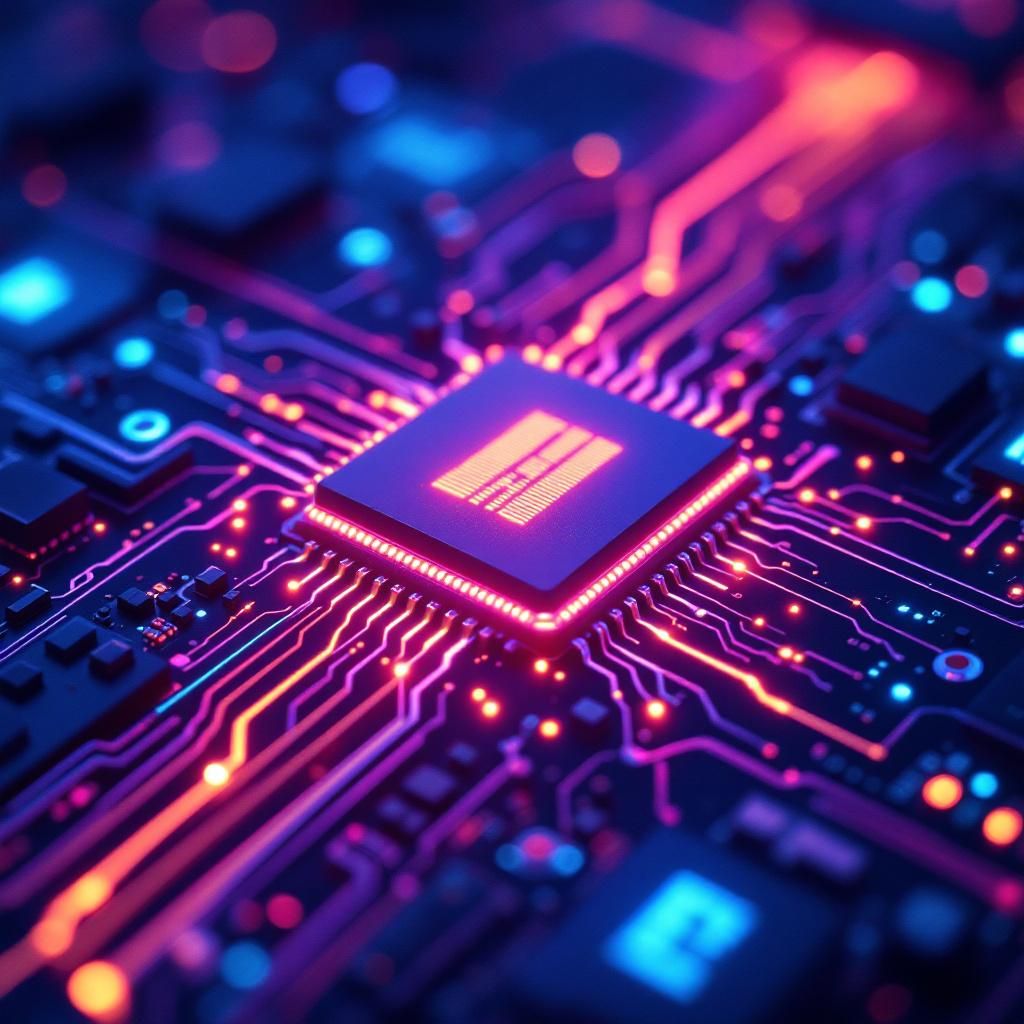 Jeg vil skabe et stærkt, dokumentaristisk billede, der visuelt formidler den komplekse og dynamiske proces bag meta-reasoning agenters beslutningstagning. Forestil dig et nært perspektiv af en avanceret computerchips eller kredsløb, hvor lysende elektroner og pulserende datalinjer symboliserer dataflows og intelligent tænkning. Dette kan være kombineret med en komposition, der inkluderer abstrakte brugergrænseflader, grafer, og visuelle lag, der repræsenterer forskellige tænke- og beslutningslag. Farvekombinationer som kølige blå nuancer kombineret med varme orange highlights kan skabe en følelse af avanceret teknologi i handling – et