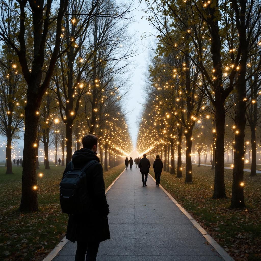 Forestil dig et realistisk, dokumentaristisk foto taget i en moderne, velbelyst bypark midt i en travl hverdag. Midt i billedet står en stor, minimalistisk installation bestående af flere transparente, bølgende lag af lysende netværk, som symboliserer data-strømme og AI’s beslutningsprocesser. Disse netværk er arrangeret i organiske former, der minder om neurale baner, og strømmer ud i miljøet som visuelt repræsenterer den dynamiske meta-reasoning, hvor systemet vurderer, vælger og skifter tankemønstre. Røg eller let tåge svæver gennem installationen, hvilket skaber en illusion af aktiv tænkning og tænkepause. Rigtig nok til at fremhæve kraften bag AI'ens adaptive strategier og dens indflydelse på nutidens samfundsstrukturer. Samtidig er omgivelserne præget af det rolige bymiljø med fodgængere, der kun delvist er opmærksomme på installationen, hvilket afspejler den usynlige virkning af avanceret teknologi i hverdagen. Den måde, det organiske lys spiller med naturligt sollys på, understreger den symbiotiske