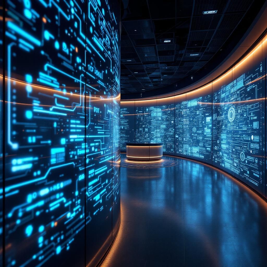Forestil dig et hyperrealistisk dokumentarfoto taget i et moderne, hektisk miljø — en teknikpark i en storby, hvor abstrakte, dynamiske visualiseringer af dataflydninger og netværk fylder scenen uden menneskelige skikkelser. Lyset er køligt, med bløde blå og grønne nuancer, der reflekteres fra holografiske skærme og wireframes, der svæver i luften. Rummets belysning fremhæver elegante paneler med integrerede LED-lykter, og en moderne glasskulptur med komplekse cirkeldiagrammer katalyserer en fornemmelse af avanceret teknologi i konstant bevægelse — en visuel metafor for den realtids digitalisering og datatransmission, der er central i historie om VibeVoice-Realtimes potentiale til offentlige sektorer. Bildets fokus er på den komplekse sammensmeltning mellem hardware, data og brugergrænseflader, hvilket illustrerer en nutidig virkelighed præget af digital innovation.