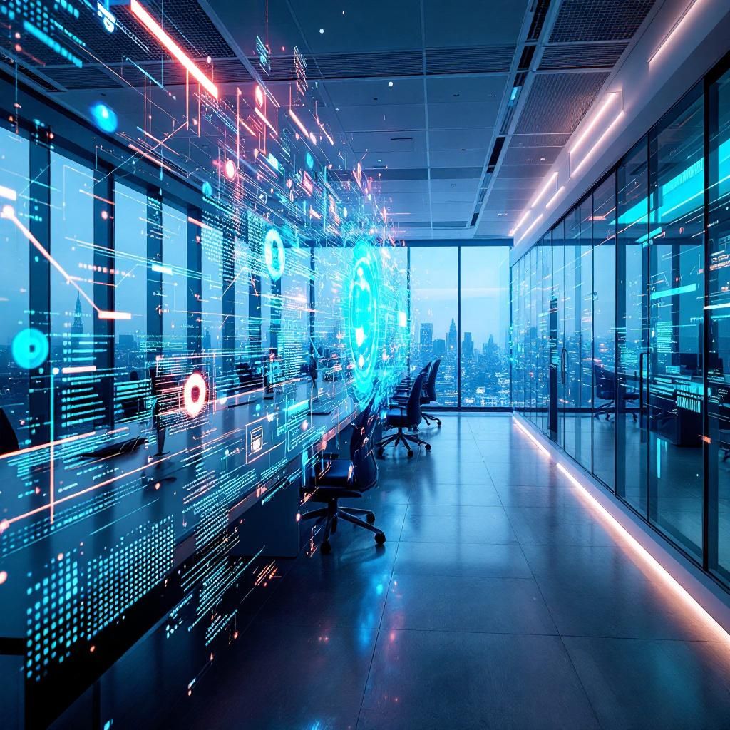 Det mest fængende og spændende foto, der visualiserer de abstrakte emner i artikelens første tredjedel, er en nærbillede-agtig, dokumentaristisk repræsentation af en futuristisk, digitaliseret offentlig administrativ miljø. Forestil dig en moderne, lysfyldt kontorbygning understøttet af overhead-dæmpet, semi-abstrakt visualisering af data og AI-arkitekturer, der flyder i luftige lag – som et komplekst, flydende netværk af information, der næsten svæver over en travl arbejdsplads. Her er fokus ikke på personer, men på det dynamiske udtryk af digital integration gennem transparente skærme og datastrømme: data-flows som et levende, kunstnerisk netværk, der symboliserer AIs kapacitet til at automatisere og analysere på komplekse niveauer, samtidigt med at det præcist illustrerer den nye tids gennemsigtighed og effektivitet . Denne visuelle tilgang balancerer i sin realisme en abstrakt teknologisk virkelighed med de konkrete aspekter af AIs indflydelse i samfundet – hvor digitale datastrømme flyder gennem byg