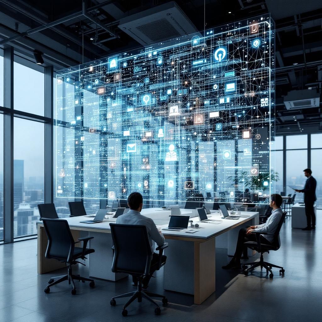 Forestil dig et realistisk optisk studie af et moderne offentligt kontor i Danmark, hvor en stor, transparent skærm står i centrum, der visualiserer de abstrakte, datadrevne processer der driver AI-agenters automatisering af sagsbehandling og workflow. Skærmen viser et komplekst netværk af farverige, flydende data-strømme, der symboliserer det automatiserede informationsflow mellem systemer, og små ikoner, der repræsenterer forskellige typeopgaver som dokumenter, godkendelser og kontroller. Atmosfæren er præget af en dagligdags, men alligevel high-tech stemning, hvor miljøet er omgivet af naturligt lys, og omgivelserne er intimitet med datadrevne processer, fremhævet uden menneskelige profiler i fokus men gennem subtile visuelle metaforer for effektivitet og innovation.