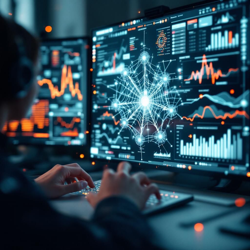 Jeg vil skabe et realistisk og dokumentaristisk billede, der abstrakt visualiserer effekten af AI i markedsanalyse, uden at inkludere personer eller cliché-elementer. Forestil dig et nærbillede af en moderne, avanceret data- og analysestation, hvor en række transparente skærme og holografiske lag viser komplekse grafikker, spidersnets af data og interlinked AI-diagrammer. Disse visuelle elementer er arrangeret på en måde, der symboliserer hurtige beslutningskoncepter og den dynamiske strøm af information, der driver markedsanalyse. Lyset er køligt og diffust med subtile blå og grønne toner, hvilket understreger en høj teknologisk, men også nærværende atmosfære, og understreger datastreams, der flyder som mandelformede, blødt oplyste digitale energifelt. Billedets komposition har fokus på dybdeforvrængning gennem asymmetriske linjer, hvor dataflydende visualiseringer skaber en illusion af bevægelse og hastighed. Det tekniske udstyr – minimalistiske skærme, sorte aluminiumsrammer og diffust oplyst profileret k