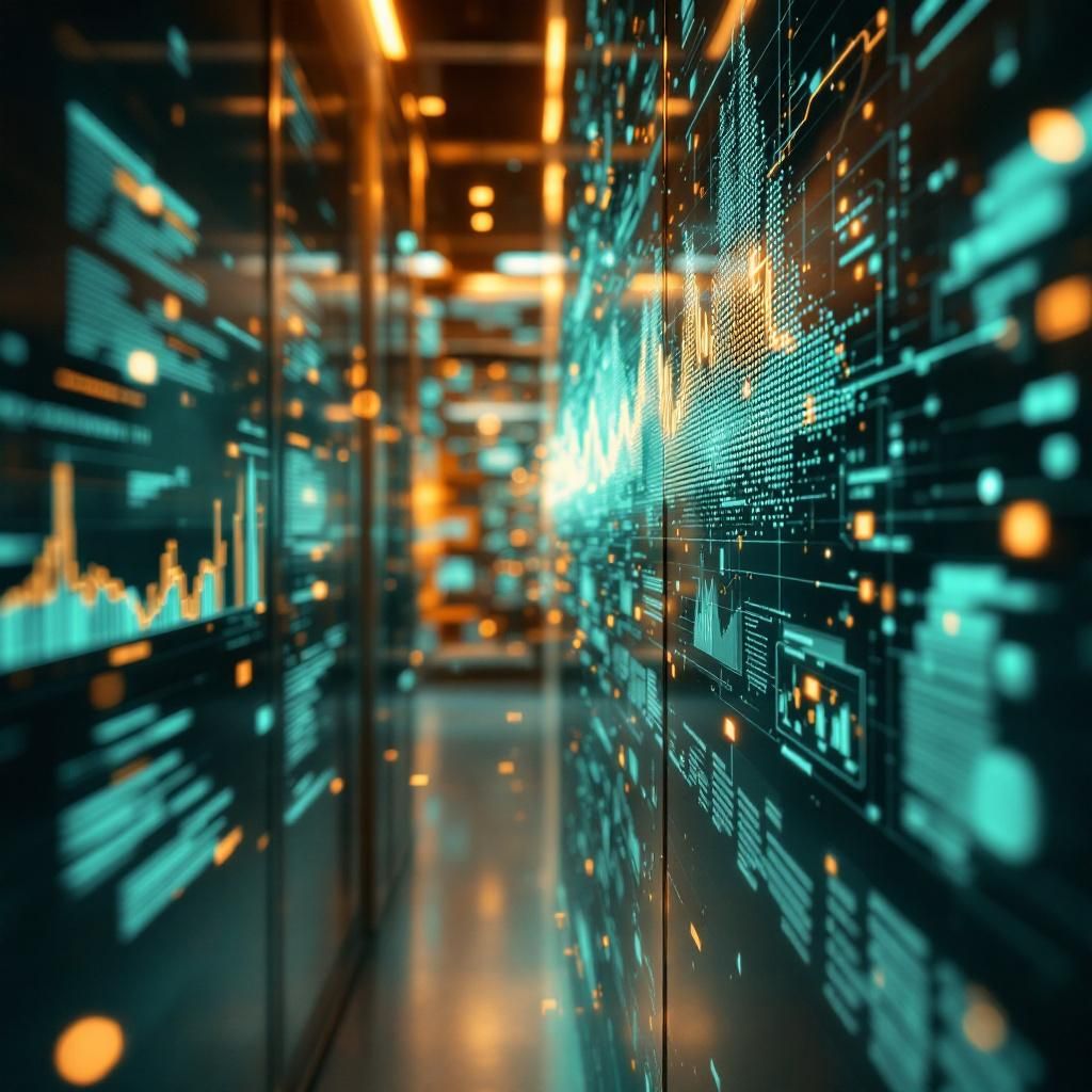 Det mest fængende og spændende foto, der kan illustrere den centrale del af artiklen om AI i markedsanalyse, er en dokumentaristisk, realistisk scene med abstrakte elementer, der symboliserer hastighed, præcision og dataflow. Forestil dig et billede taget i et højteknologisk analysecenter eller et moderne kontormiljø, hvor store, transparente skærme og vægpaneler viser flydende datalayer, grafikker og netværksvisualiseringer, der strømmer i et organiske mønster. Disse elementer repræsenterer AI'ens evne til at filtrere og analysere komplekse markedsdata i realtid, uden direkte menneskelig tilstedeværelse, hvilket understreger teknologiens effekt i nutiden. Billedet kan have en subtil farvepalette med blå, grønne og gule nuancer, der reflekterer innovation og præcision, kombineret med en blød belysning, der fremhæver databevægelserne og understreger en følelse af kontinuerlig data-flow. På billedet kan man abstrahere menneskets rolle ved at fokuserer på den fysiske teknologi gennem nærbilleder af avancerede s