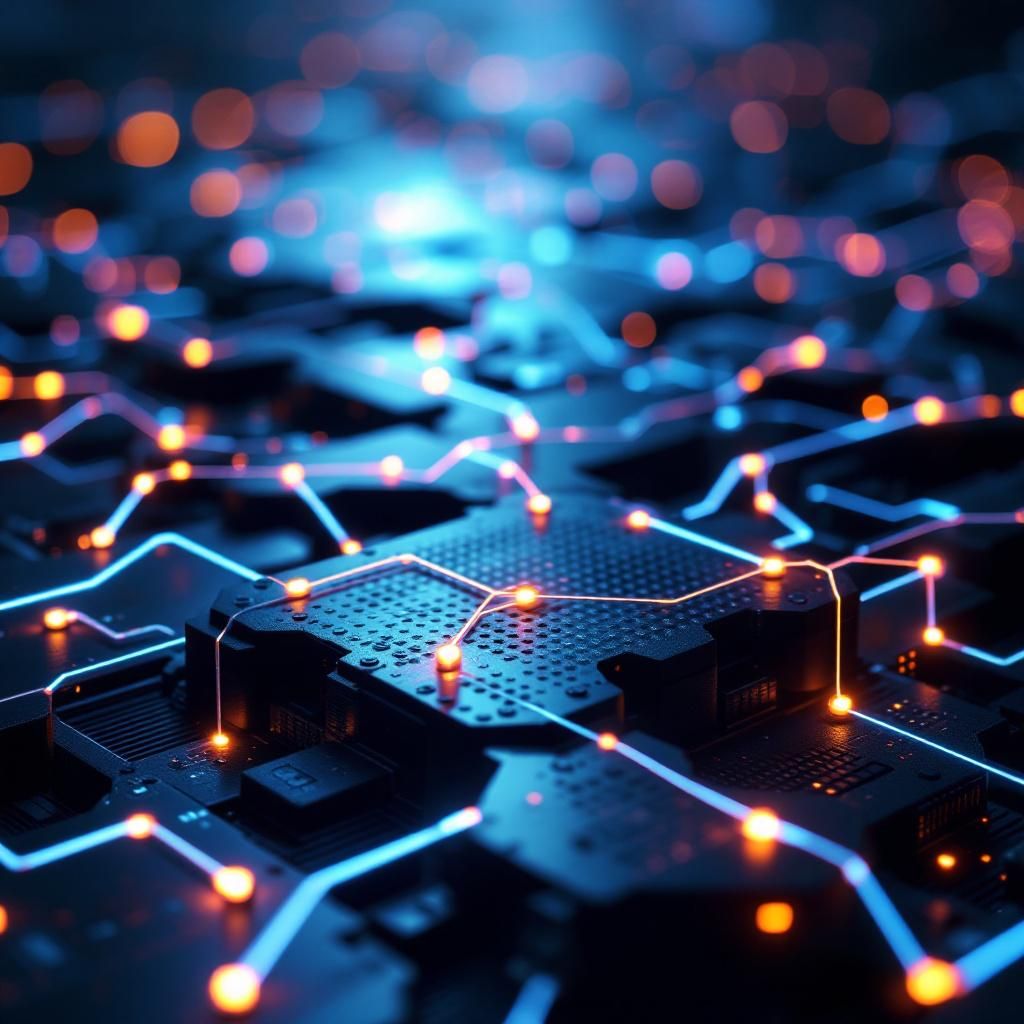 Forestil dig et nærbillede af et datasystem, der symboliserer en ny æra inden for AI-hardware, hvor abstrakte, levende former af silicium-lignende strukturer er integreret i et komplekst lag af mikroskopiske neurale netværk. Billedet viser en mørk, næsten mat, overflade med gennemskinnelige LED-linjer, der snor sig som arter af biomimetiske blodårer, dynamisk og energiforbrugende, og illustrerer ideen om at efterligne biologisk effektivitet i silicium. I baggrunden flimrer bløde, futuristiske datavisualiseringer i skærende farvetoner – grønne, blå og violette – som giver associationer til både teknologi og natur, uden at afbilde mennesker eller typiske industrielt præget miljø. Dette konstante flow af data og energi symboliserer en ideel integration af biologiske principper og energibesparende avanceret teknologi, hvilket er kernebudskabet i artiklens fokus på effektiv AI-hardware. Billedet understreger en reel, nutidig virkelighed, hvor den innovative hardware ligger til grund for en lang række applikatione