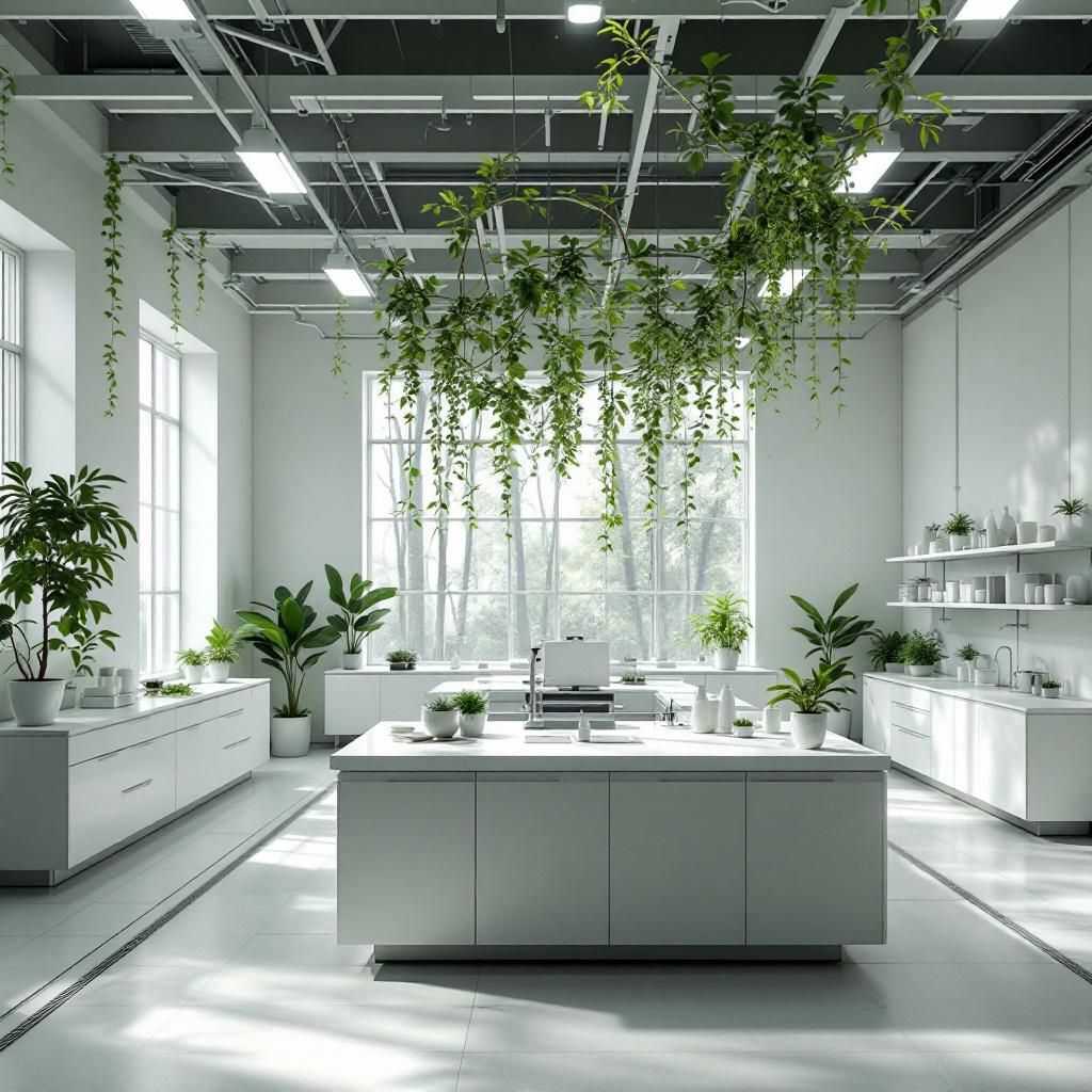 Forestil dig et nærbillede af en moderne, laboratorie-aktig produktion, hvor abstrakte, organiske former møder højteknologisk hardware. Midt i billedet er en kompleks, knækket struktur, der symboliserer “biologisk effektivitet”, udført i materials som fleksibel, skinnende krom-metal og organiske, let glødende fibre, som deler sig i et netværk af tynde, energibesparende indgange og udgange. Rummet er oplyst af dæmpet, blåt og grønt lys, hvilket skaber en atmosfære af ro og innovation, hvor silhuetter af industrielle maskiner og sensor-aktiverede strukturer antyder en dystopisk niemærk effekt afhængigt af teknologiens anvendelse. Bagved ses diskrete dataskærme, der visualiserer komplekse algoritmer og energiflow, samtidig med at nye materialer og komponenter tydeligt antydes i teknisk, realistisk stil uden overdrivelse. Det hele understreger en fremtid, hvor teknologi er integreret i biologiske principper, uden menneskelige elementer i fokus, i et miljø der fremstår som en laboratoriekonstellation af bio-inspi