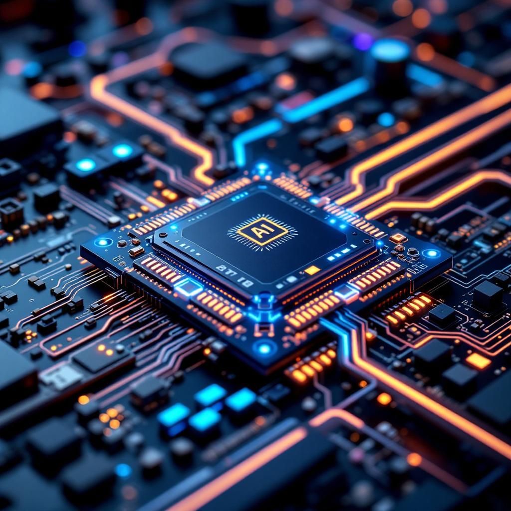 Det mest fængende og spændende foto, der kan illustrere den nye æra for AI-hardware, er et realistisk, dokumentaristisk billede af en avanceret, energieffektiv chip placeret i en minimalistisk laboratorie- eller produktionsmiljø. Motivet kan være en nærbilledsektion af chippen, hvor man tydeligt ser de komplekse, biologisk-inspirerede arkitekturer og de energibesparende kredsløbsdesigns, som afspejler et strømlinet, futuristisk, men alligevel håndgribeligt teknologimiljø. Lyset skal fremhæve de bløde linjer og LED-indikationer på chippen, med en lav kontrast, der fremmer dokumentarisk realisme og fokus på detaljerne i teknologien, uden at det føles kunstigt eller overdrevet. Bagved kan man tilføje subtile, abstrakte grafiske visualiseringer af data og energistrømme, der flyder som organiske former eller farvede nervebaner, hvilket symboliserer chipens biologiske effektivitet. Sammen skaber denne komposition en dyb, informativ scene, der repræsenterer den teknologiske innovation på et meget konkret, håndgribe