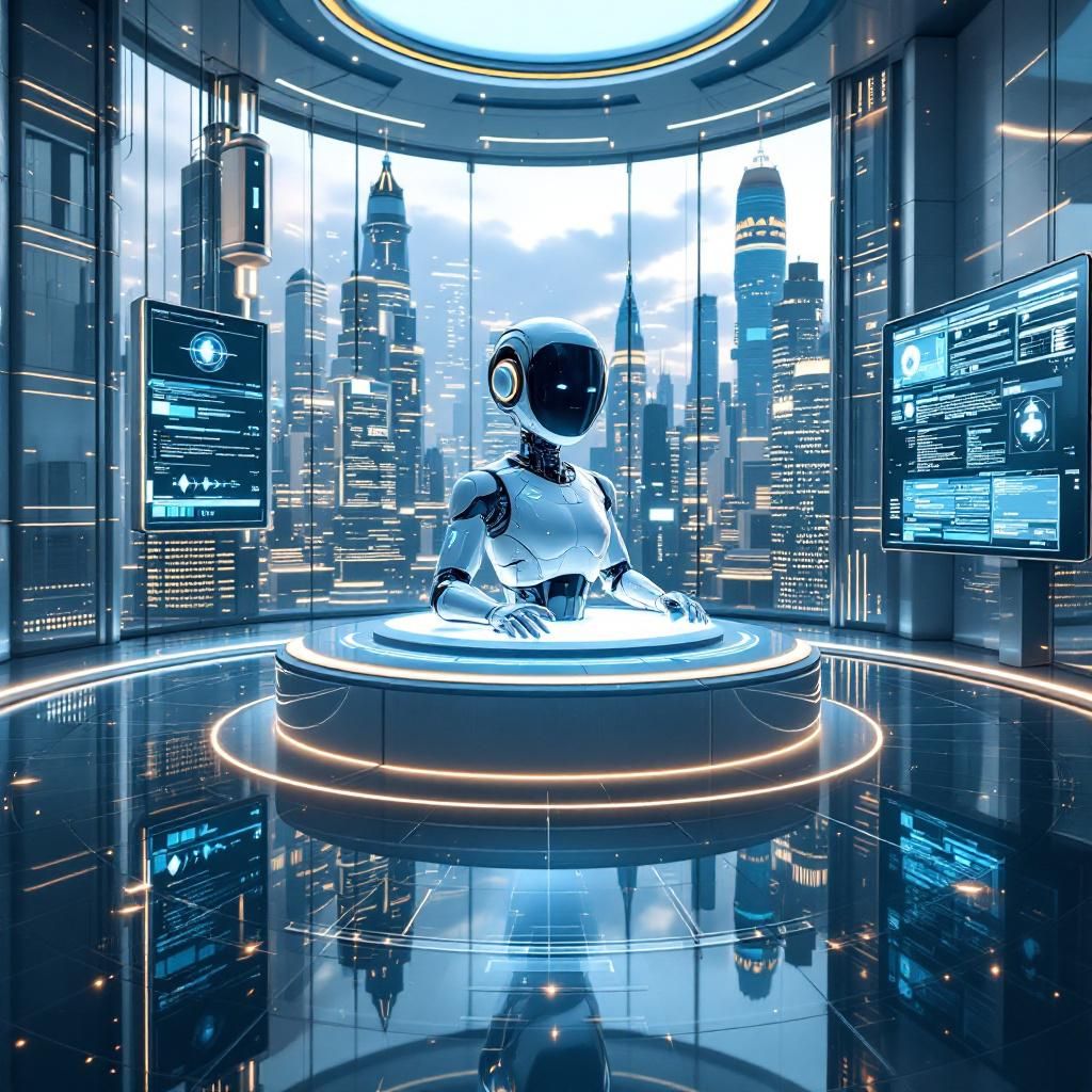 Forestil dig et hyper-realistisk fotografi, der fanger en stor, moderne technomesse udendørs i et globalt bymiljø, hvor alting er detaljeret, men uden menneskelige figurer. Midten pryder en futuristisk, men realistisk, æstetisk avanceret AI-supercomputer med slanke linjer, bløde kanter og LED-lys, der skifter farve i et elegant mønster, sat på et minimalistisk, glastyngende podium. Rummet omkring den er fyldt med refleksioner fra den tætte, tætsiddende atmosfære, hvor teknologi og samfund kolliderer i en harmonisk, næsten menneskelig måde. Baggrundens skærme afspejler komplekse datastrømme, diagrammer og AI-visualiseringer, der symboliserer kampen mellem de to teknologiske mestre, Google og Nvidia, uden at skære til i cliché. Lyset er en varslet kombination af naturlige og kunstige elementer, hvor skinnende refleksioner på overflader kontrasterer med bløde skygger, der fremhæver en symmetri af data og innovation. Det er en dokumentarisk optagelse af en øjeblikkelig epoke i AI-udviklingen, hvor hardware’s kr