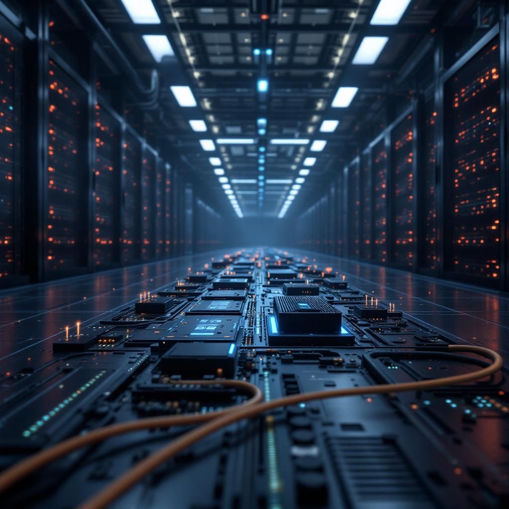 Et realistisk og dokumentaristisk billede, der visualiserer den teknologiske duel mellem Google TPUv7 og Nvidia GB200 Blackwell, kunne være et dynamisk scenarie i en moderne AI-laboratorie- eller datacenterindretning. Forestil dig en stor, industriel hal med høje lofter og elegante, funktionelle layout, hvor de to teknologier fremstår som symboler på innovation: på den ene side, en række robuste Nvidia GPU’er med tydeligt markerede mærkninger og kabler, der er forbundet i store clusters; på den anden side, den minimalistiske, mat sorte TPUv7, oplyst med blåt LED-lys, og koblet til en række højteknologiske interconnects. En lav, flad bord med green-screen interfaces og kalibrerede datadisplays illustrerer performance- og økonomimålinger, hvilket understreger den tekniske spænding uden at inkludere mennesker direkte i billedet. Billedet fremstår som en neutral, men dramatisk visualisering af et marked i forandring, hvor avanceret hardware står i fokus som en aktør i den pågående konkurrence om AI’ens fremtid.