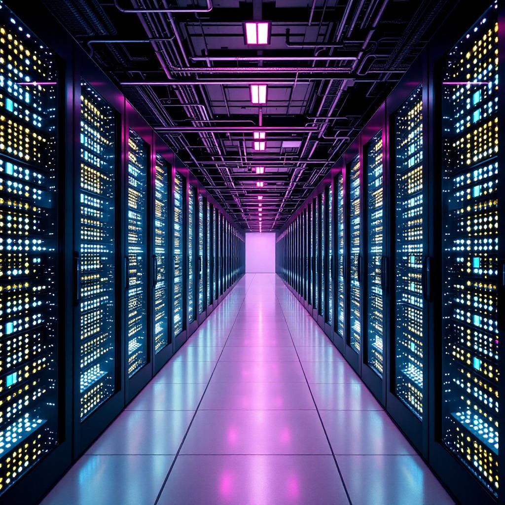 Forestil dig et dokumentaristisk billede, der skildrer en moderne AI-laboratoriemiljø, hvor avancerede hardwarekomponenter er intet mindre end kunstværker. Billedet viser en stor, åben plads med tætte, labyrintiske racks fyldt med TPUv7- og Nvidia-CPU’er, hvor LED-lys blinker svagt i betegnende farver, der symboliserer international konkurrence og innovation. Elementer som high-speed interconnects, kabler og dataskærme udgør det visuelle sprog for en globalt forbundet, digital infrastruktur i konstant udvikling, uden at fremstå futuristisk eller sci-fi-agtigt, men som en konkret del af nutidens AI-kapløb. Dette abstrakte miljø formidler både den tekniske rivalisering og den praktiske kraft bag den moderne AI-udvikling med fokus på datasikkerhed, decentralisering og økonomi.