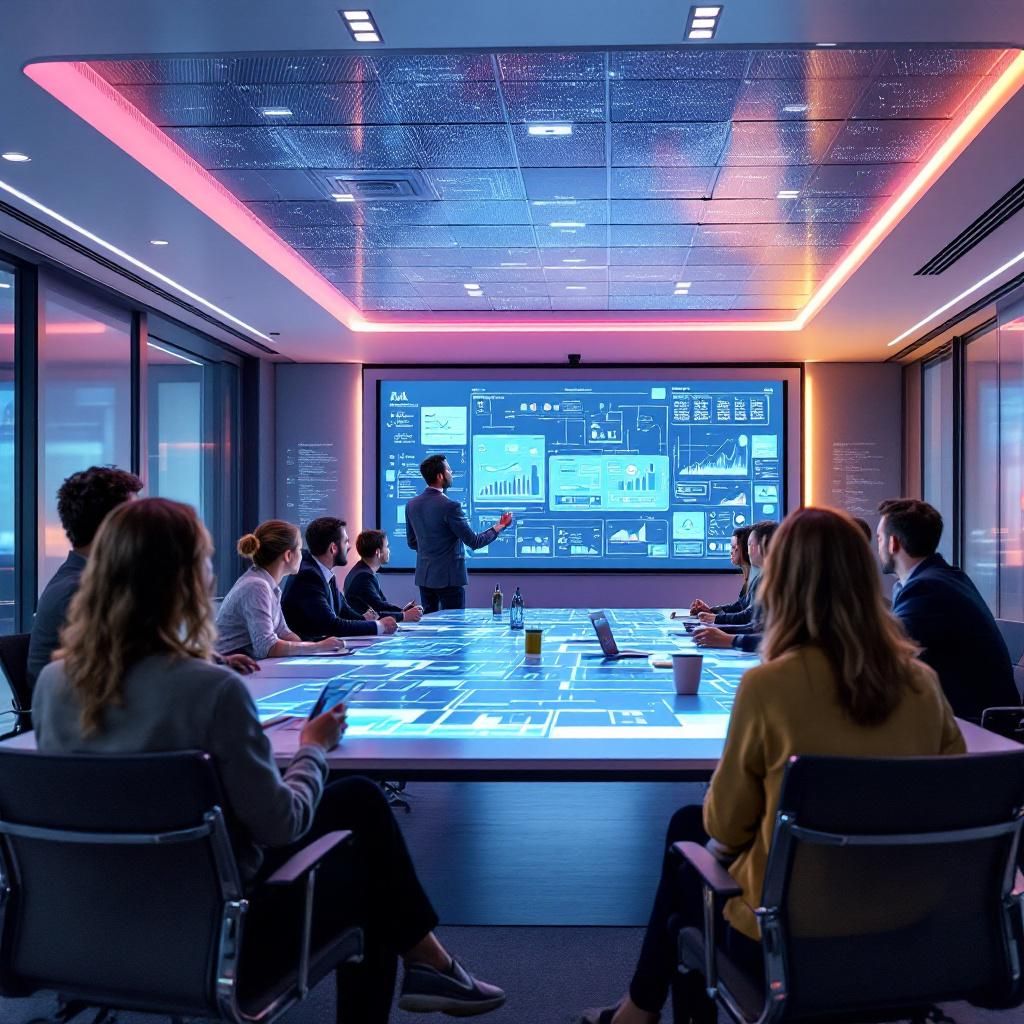 Et realistisk og dokumentaristisk foto, der symboliserer datadrevet erhvervsudvikling i nutiden, kunne være et nærbillede af en moderne, industrilignende mødesal med en gigantisk, interaktiv digital whiteboard. På tavlen vises komplekse, datadrevne diagrammer og flowcharts, der repræsenterer forretningsstrategier og AI-integration, med tydelige datapunkter og grafiske elementer. Rummet er fyldt med abstrakte reflektioner af teknologi i form af holografiske data- eller grafikvisualiseringer, der svæver let i luften, hvilket antyder den usynlige digitalisering, der driver virksomhedsbeslutninger. Farvetone er afdæmpet, med kølige grånuancer og dæmpede blåttoner, hvor lyset fra skærme og grafikker skaber en kontrast, der fremhæver dataens centrale rolle i moderne erhvervsliv. Denne visuelle metafor fokuserer på, hvordan AI og datadreven beslutningstagning påvirker nutidens arbejdsprocesser uden at bruge personer eller direkte arbejdsindretning . Dette billede illustrerer den grundlæggende forestilling om, hvord